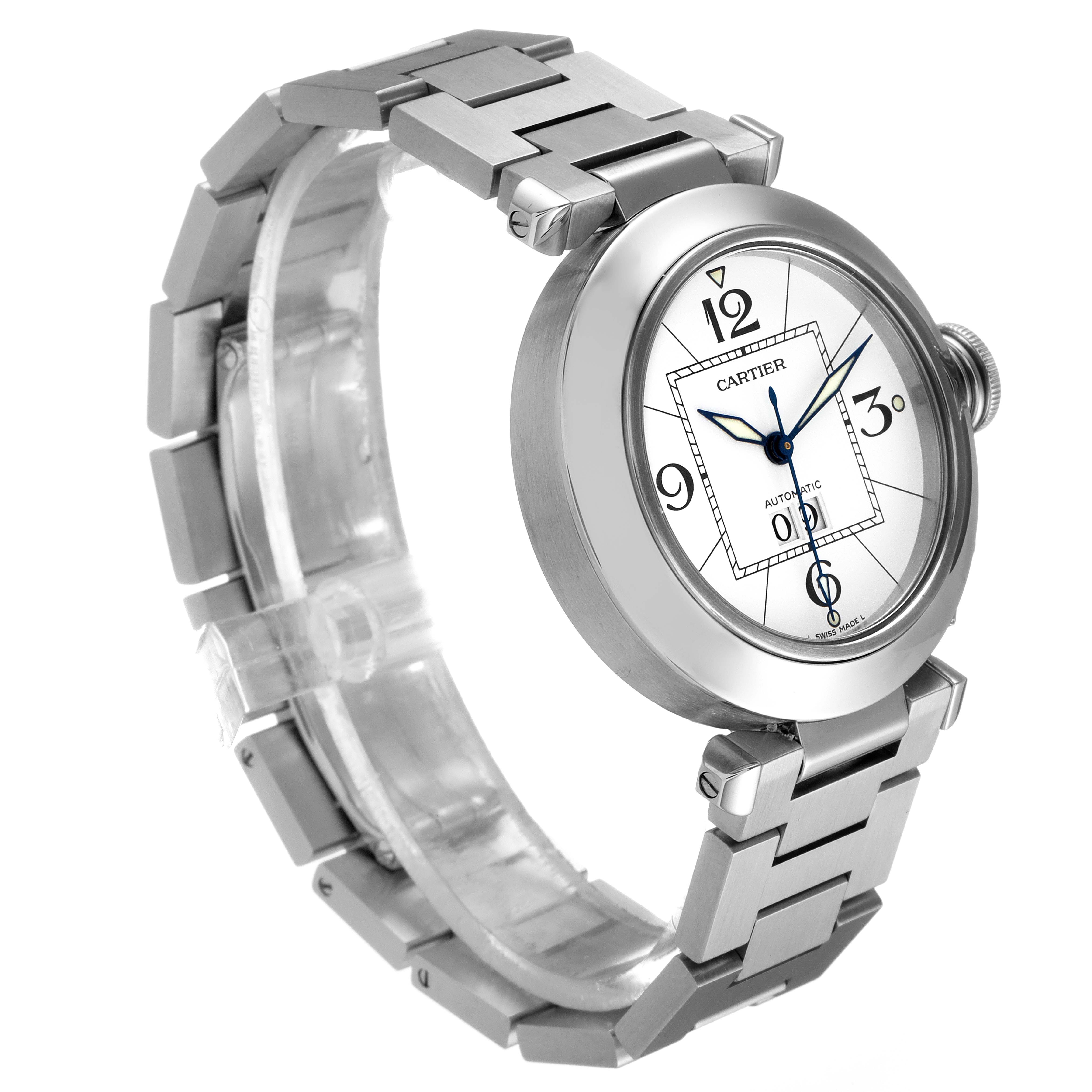 The Cartier Pasha W31055M7 Women's Stainless Steel White Dial W31055M7 Women's Stainless Steel White Dial watch is shown at an angle highlighting its face, bezel, and stainless steel bracelet.