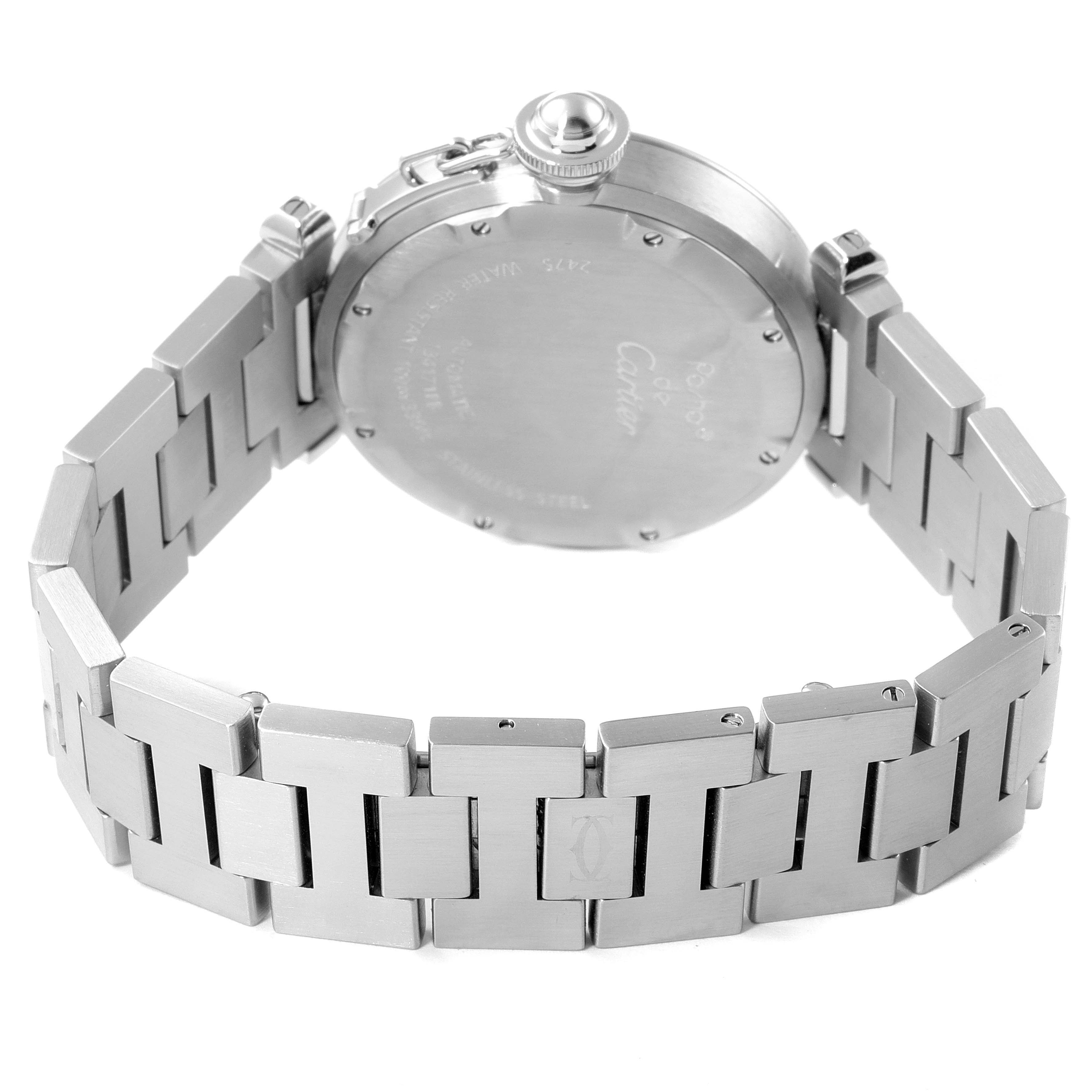 This image shows the back case and bracelet of a Cartier Pasha W31055M7 Women's Stainless Steel White Dial W31055M7 Women's Stainless Steel White Dial model watch from an angled rear view.