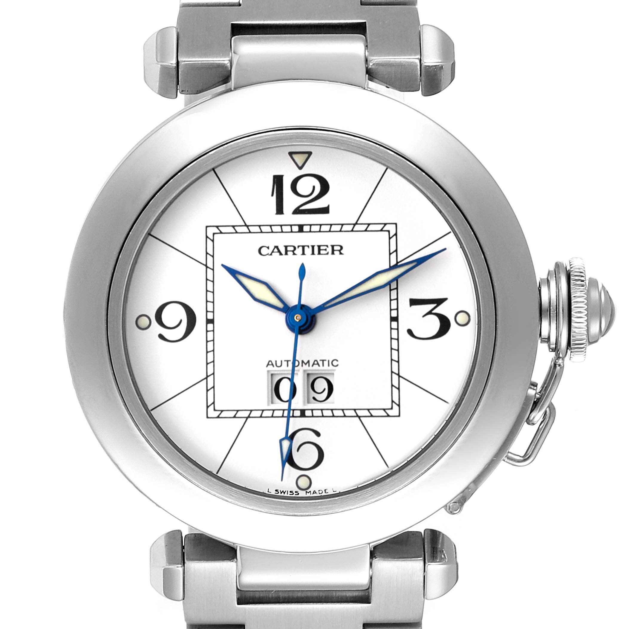 The image shows a front view of a Cartier Pasha W31055M7 Women's Stainless Steel White Dial W31055M7 Women's Stainless Steel White Dial watch, highlighting its dial, blue hands, and part of the metal bracelet and crown.