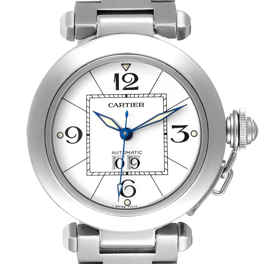 Cartier Pasha C Midsize Big Date Steel Watch White Dial W31055M7 Box Papers SwissWatchExpo