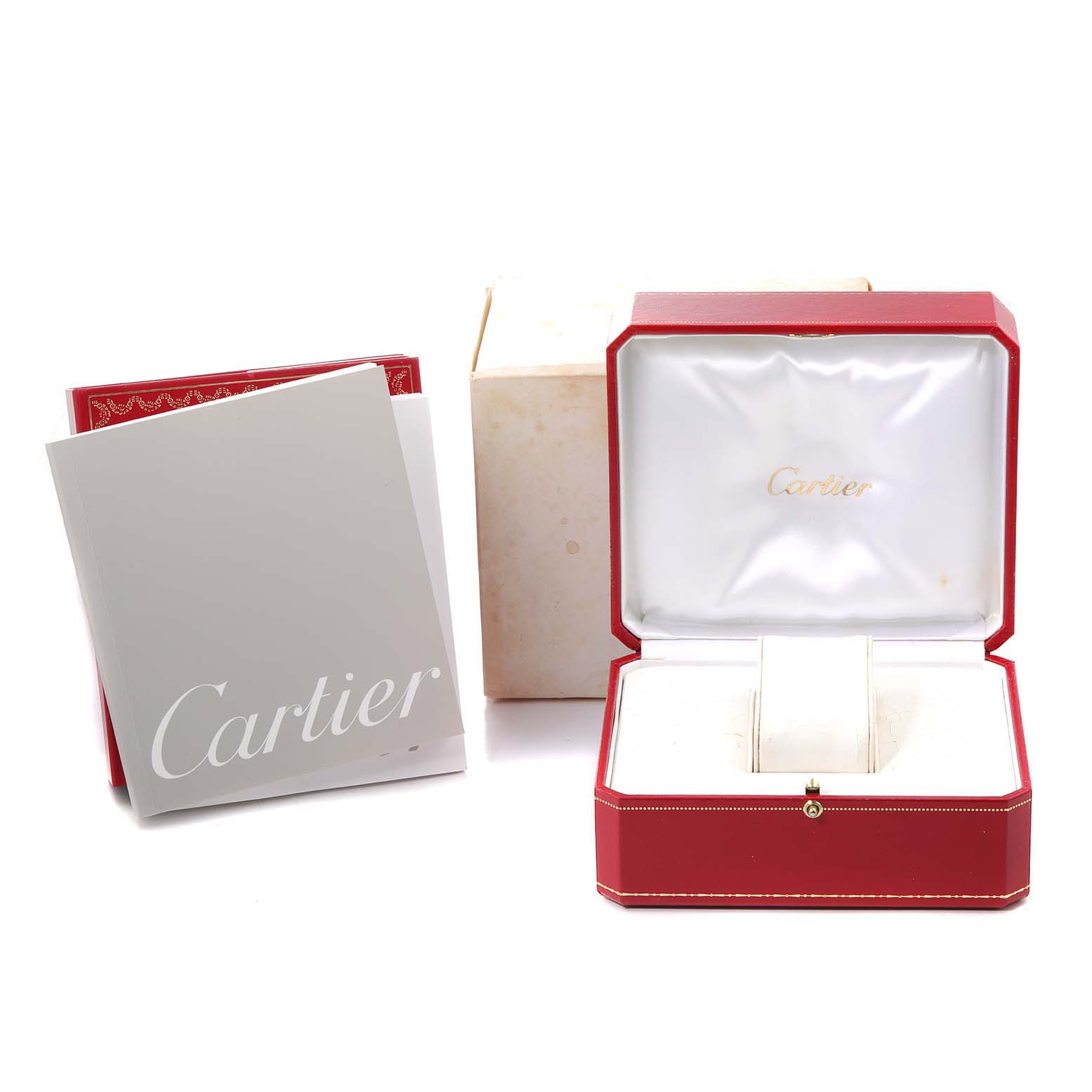 The image shows the open red and white box and paperwork for the Cartier Pasha W3107099 Women's Stainless Steel Mother of Pearl Dial W3107099 Women's Stainless Steel Mother of Pearl Dial watch, viewed from the front.