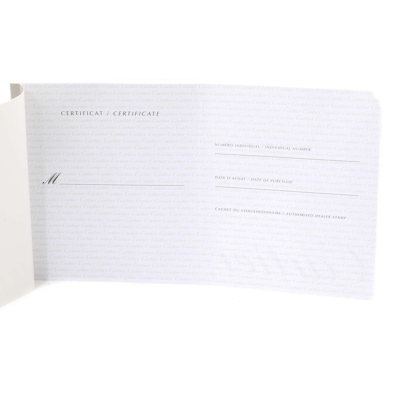 The image shows an open certificate for the Cartier Pasha W3107099 Women's Stainless Steel Mother of Pearl Dial W3107099 Women's Stainless Steel Mother of Pearl Dial model, detailing purchase and dealer information fields.