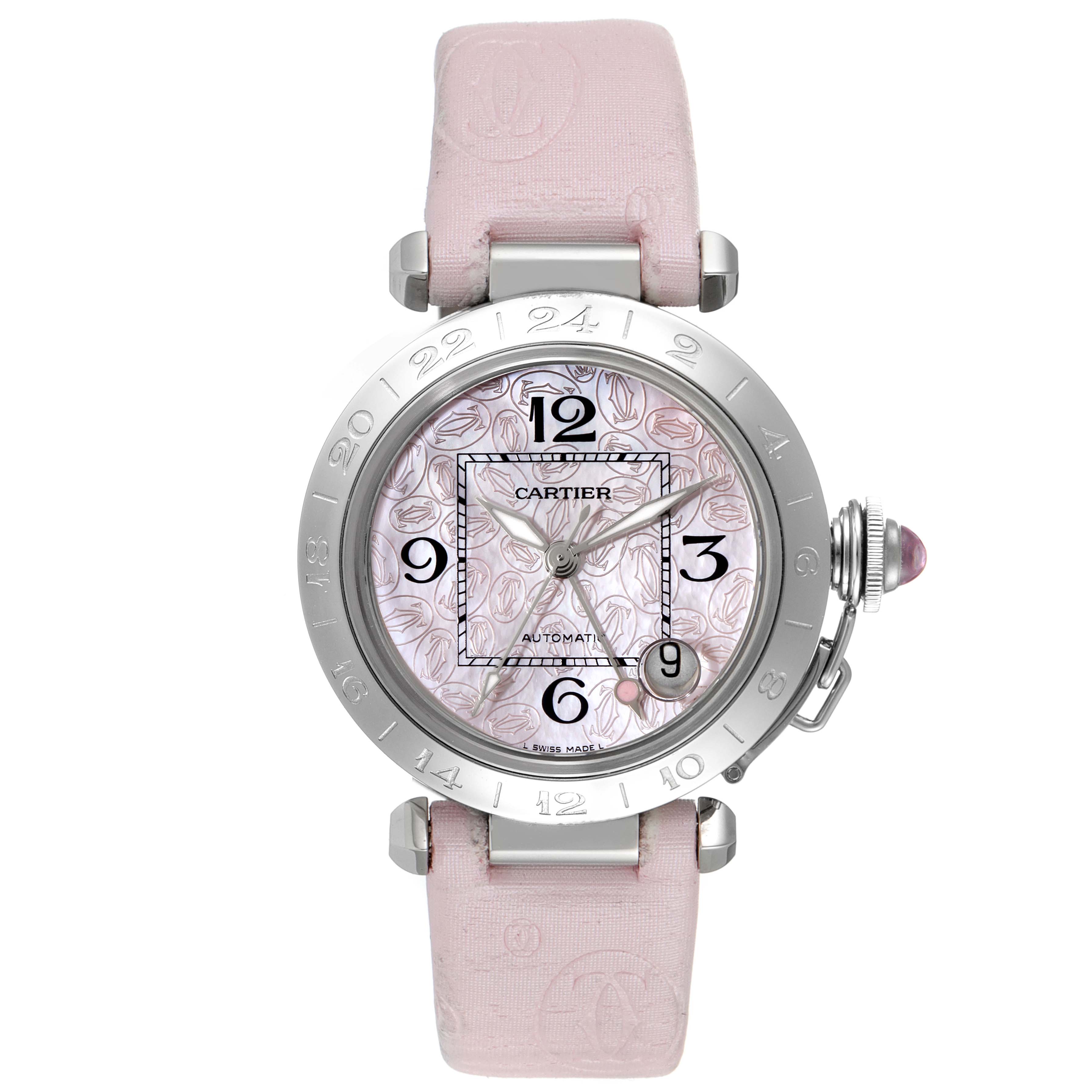 This image shows a front view of the Cartier Pasha W3107099 Women's Stainless Steel Mother of Pearl Dial W3107099 Women's Stainless Steel Mother of Pearl Dial watch, featuring a pink strap, floral-patterned dial, and prominent crown.