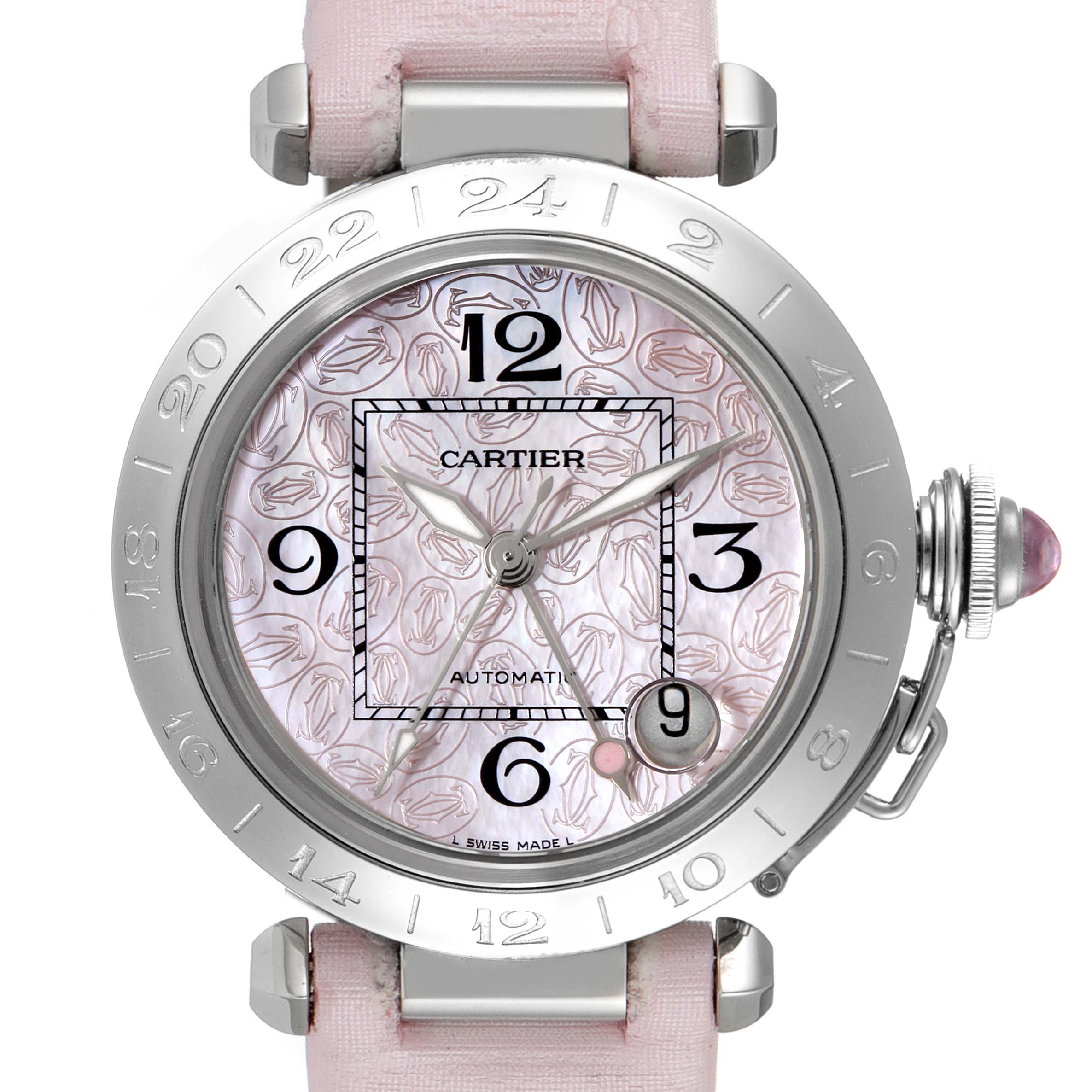 This image shows a front view of the Cartier Pasha W3107099 Women's Stainless Steel Mother of Pearl Dial W3107099 Women's Stainless Steel Mother of Pearl Dial watch, highlighting its dial, hands, and bezel.