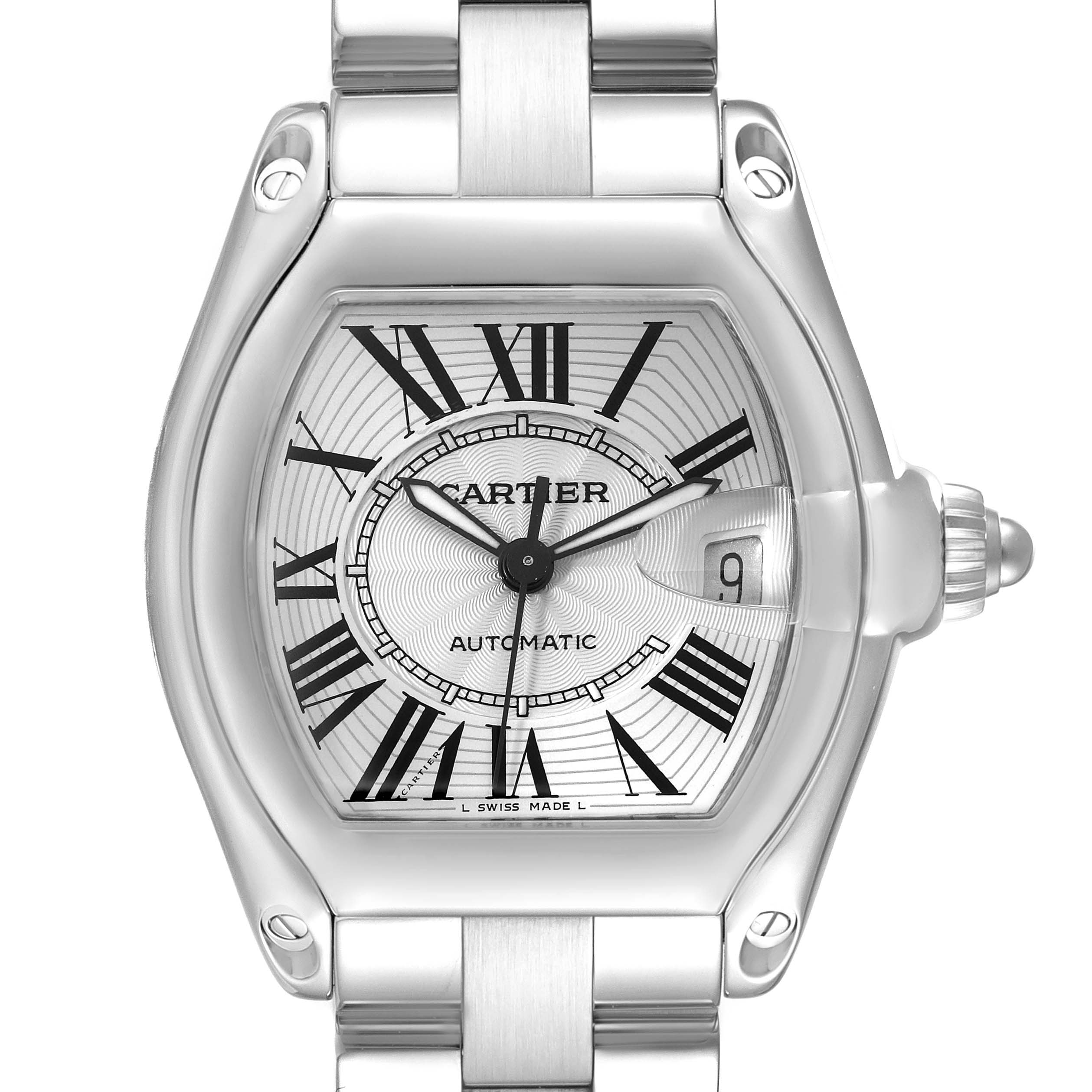 The image shows a front view of the Cartier Roadster W62025V3 Men's Stainless Steel Silver Dial W62025V3 Men's Stainless Steel Silver Dial watch, highlighting its dial, hands, date window, and part of the metal band.