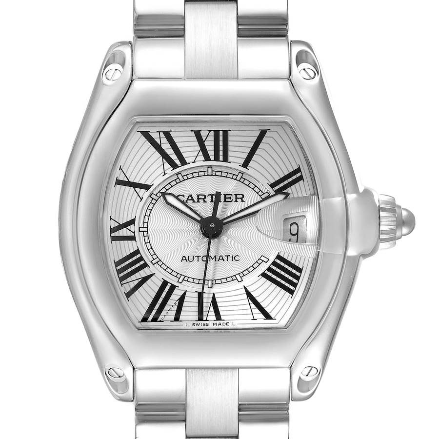 The image shows a front view of the Cartier Roadster watch, highlighting its dial, hands, date window, and part of the metal band.