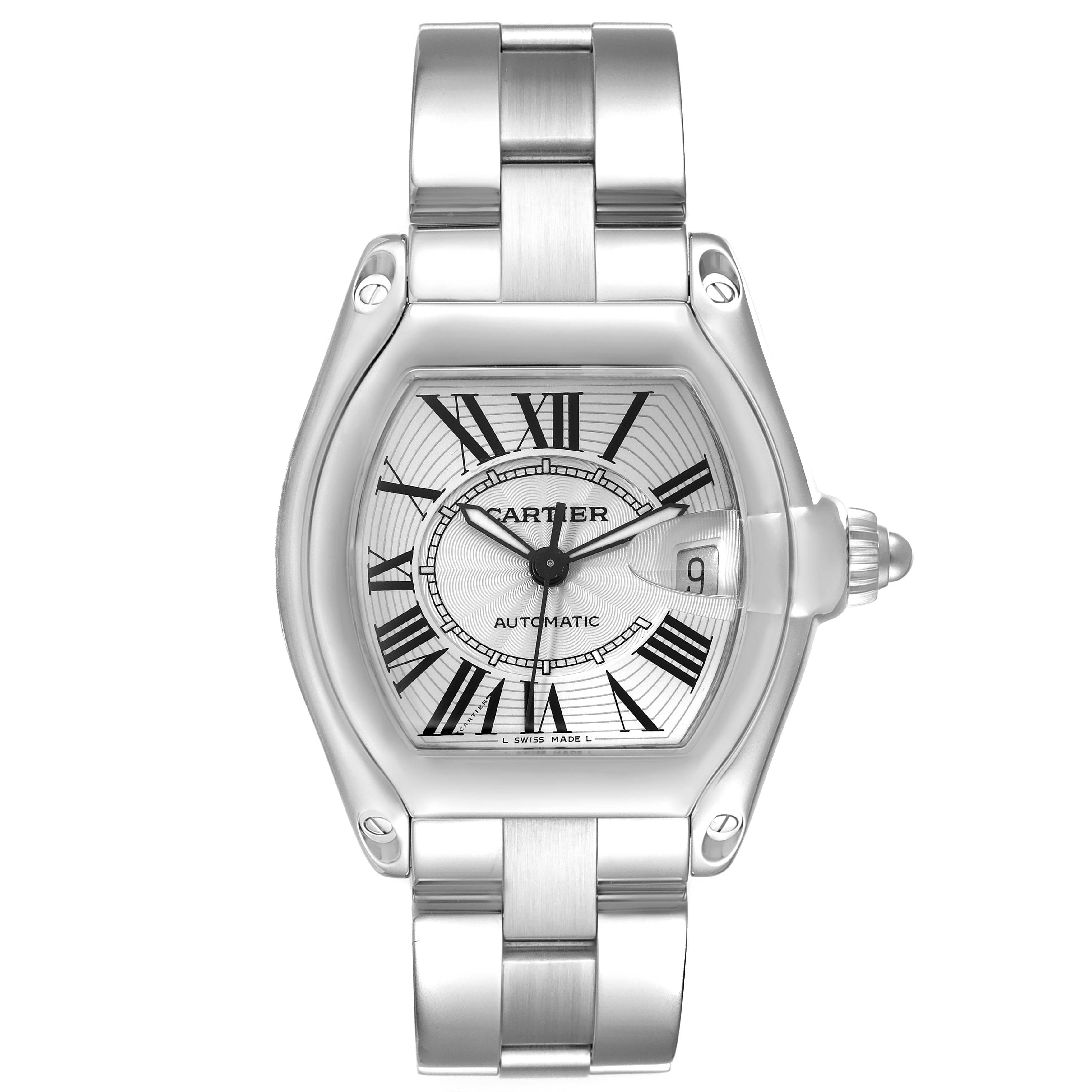 The image shows a close-up, front view of the Cartier Roadster W62025V3 Men's Stainless Steel Silver Dial W62025V3 Men's Stainless Steel Silver Dial watch, highlighting the dial, case, and bracelet.