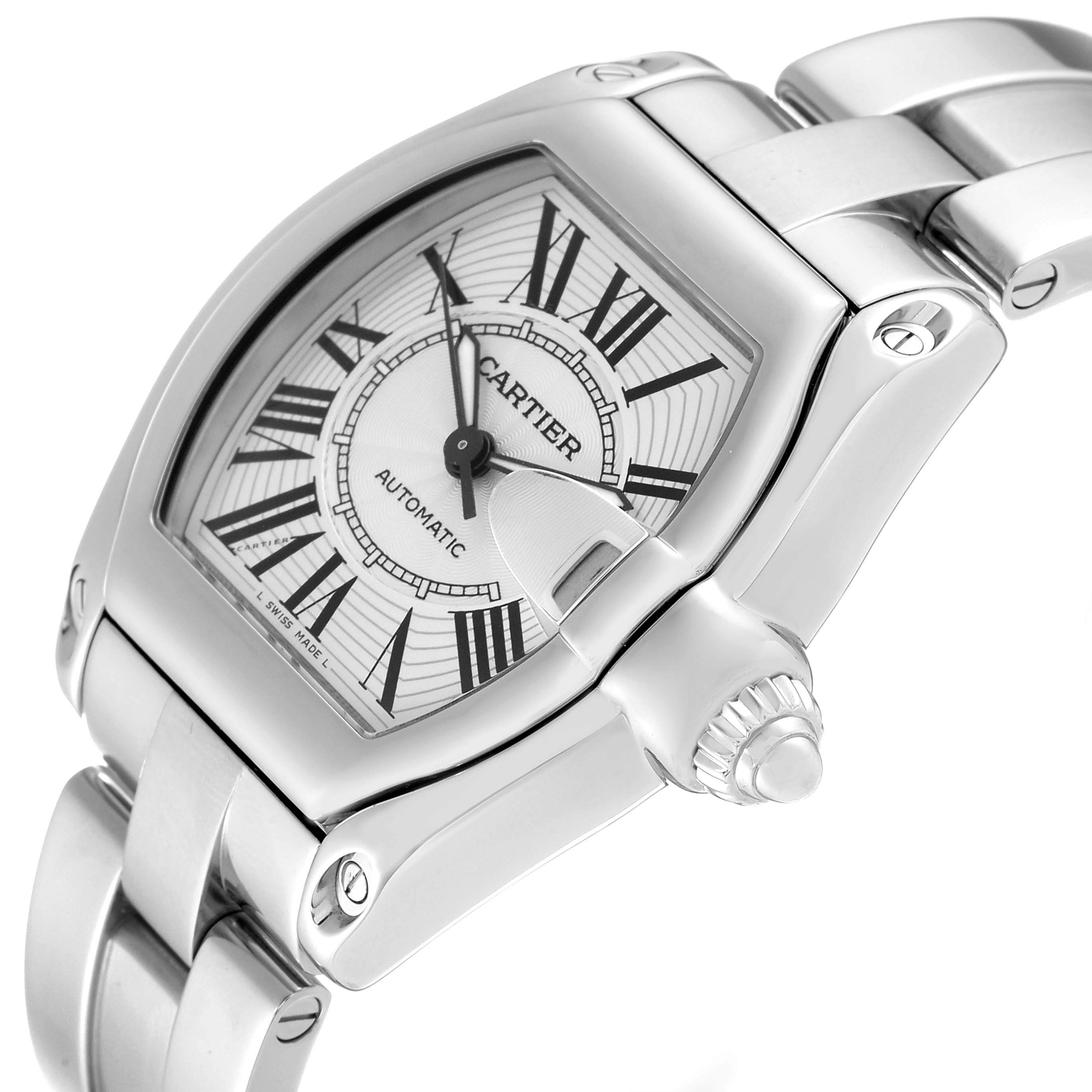 This image shows a close-up of the Cartier Roadster W62025V3 Men's Stainless Steel Silver Dial W62025V3 Men's Stainless Steel Silver Dial watch's dial, case, and bracelet from an angle highlighting the watch's crown and bezel.