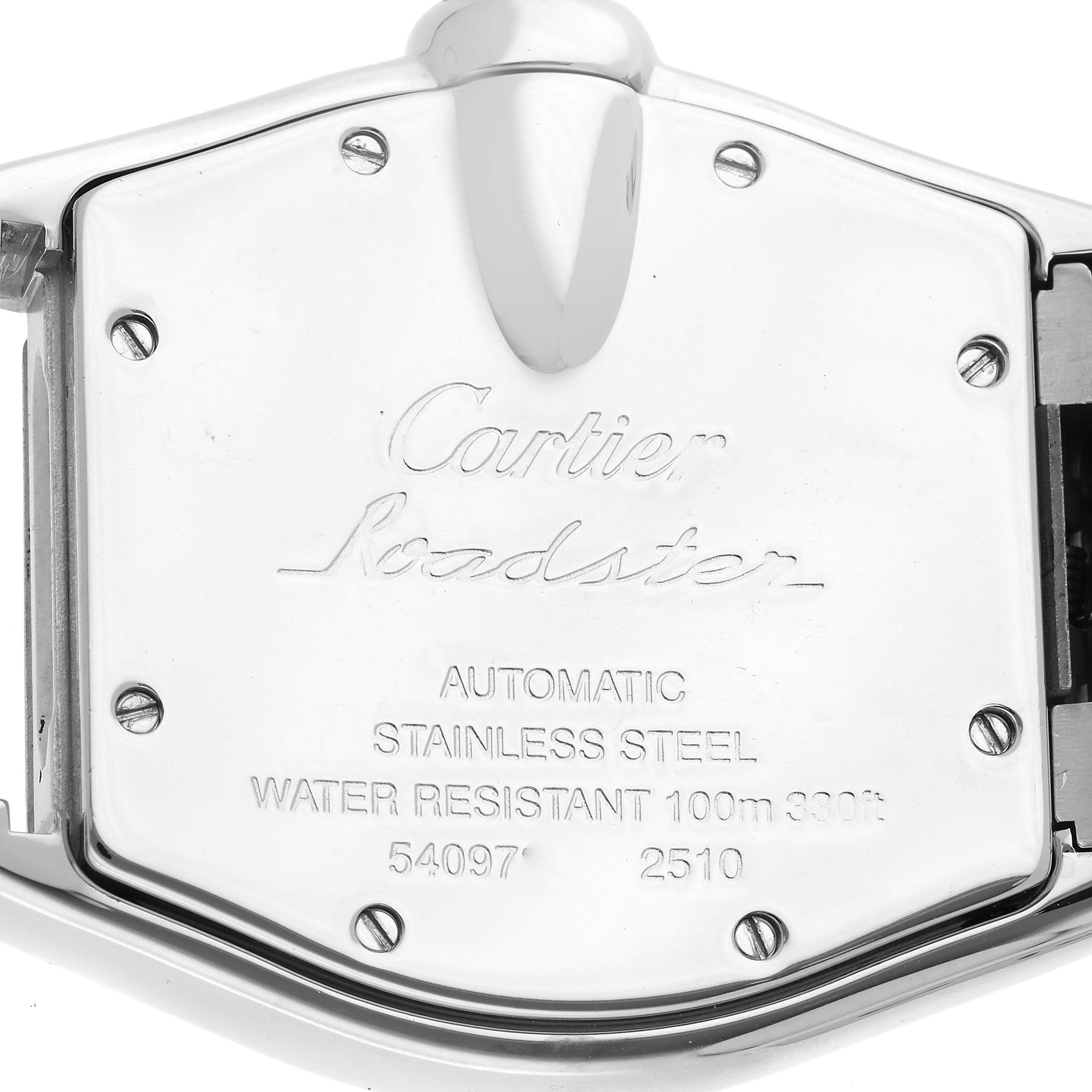 This image shows the stainless steel case back of a Cartier Roadster W62025V3 Men's Stainless Steel Silver Dial W62025V3 Men's Stainless Steel Silver Dial model watch, featuring engraved details.