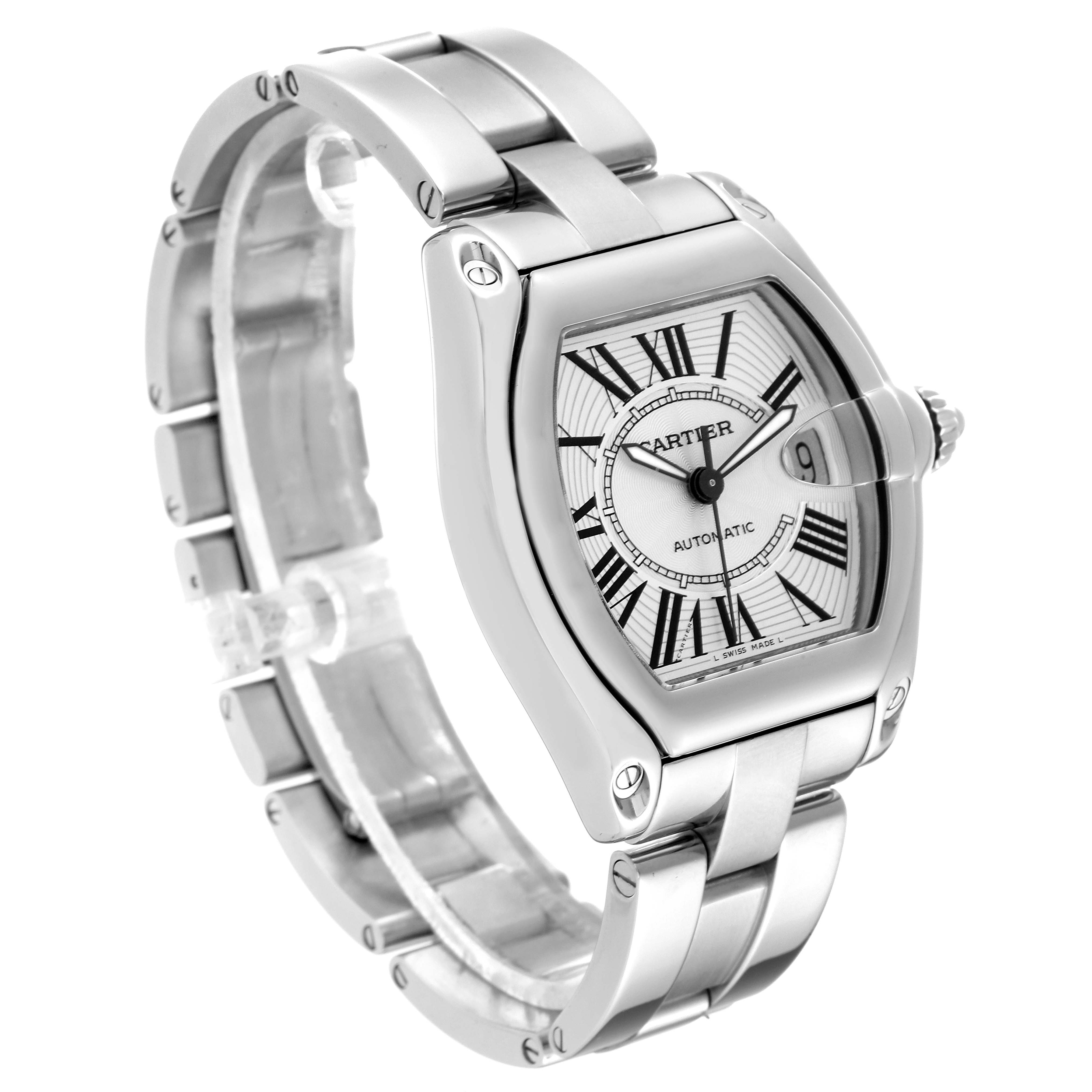 The image shows a Cartier Roadster W62025V3 Men's Stainless Steel Silver Dial W62025V3 Men's Stainless Steel Silver Dial model watch at a 3/4 angle highlighting the dial, case, bezel, and bracelet.