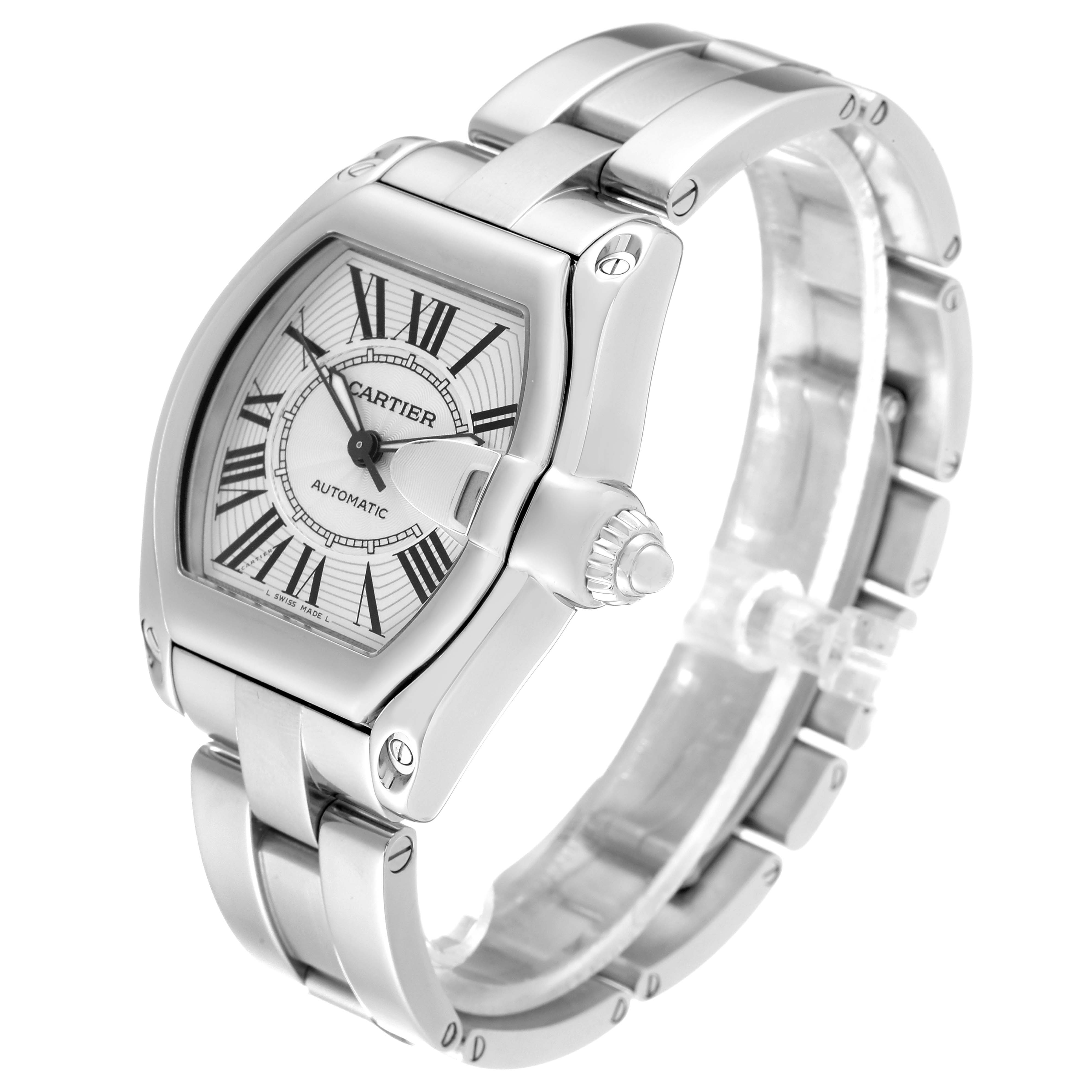 The Cartier Roadster W62025V3 Men's Stainless Steel Silver Dial W62025V3 Men's Stainless Steel Silver Dial watch is shown at a 3/4 angle highlighting its face, bezel, crown, and stainless steel bracelet.