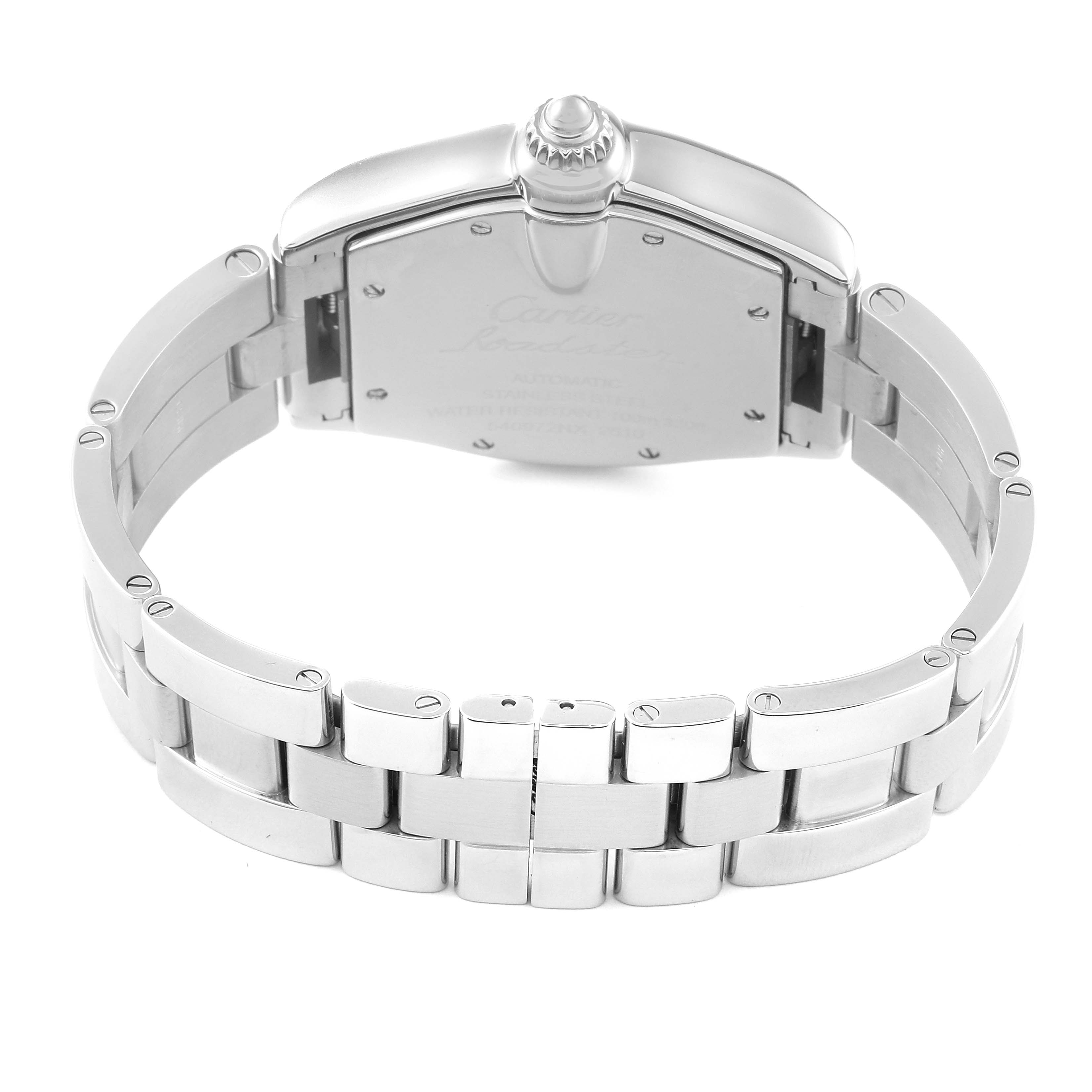 This image shows the back case and metal bracelet of a Cartier Roadster W62025V3 Men's Stainless Steel Silver Dial W62025V3 Men's Stainless Steel Silver Dial watch from a rear angle.