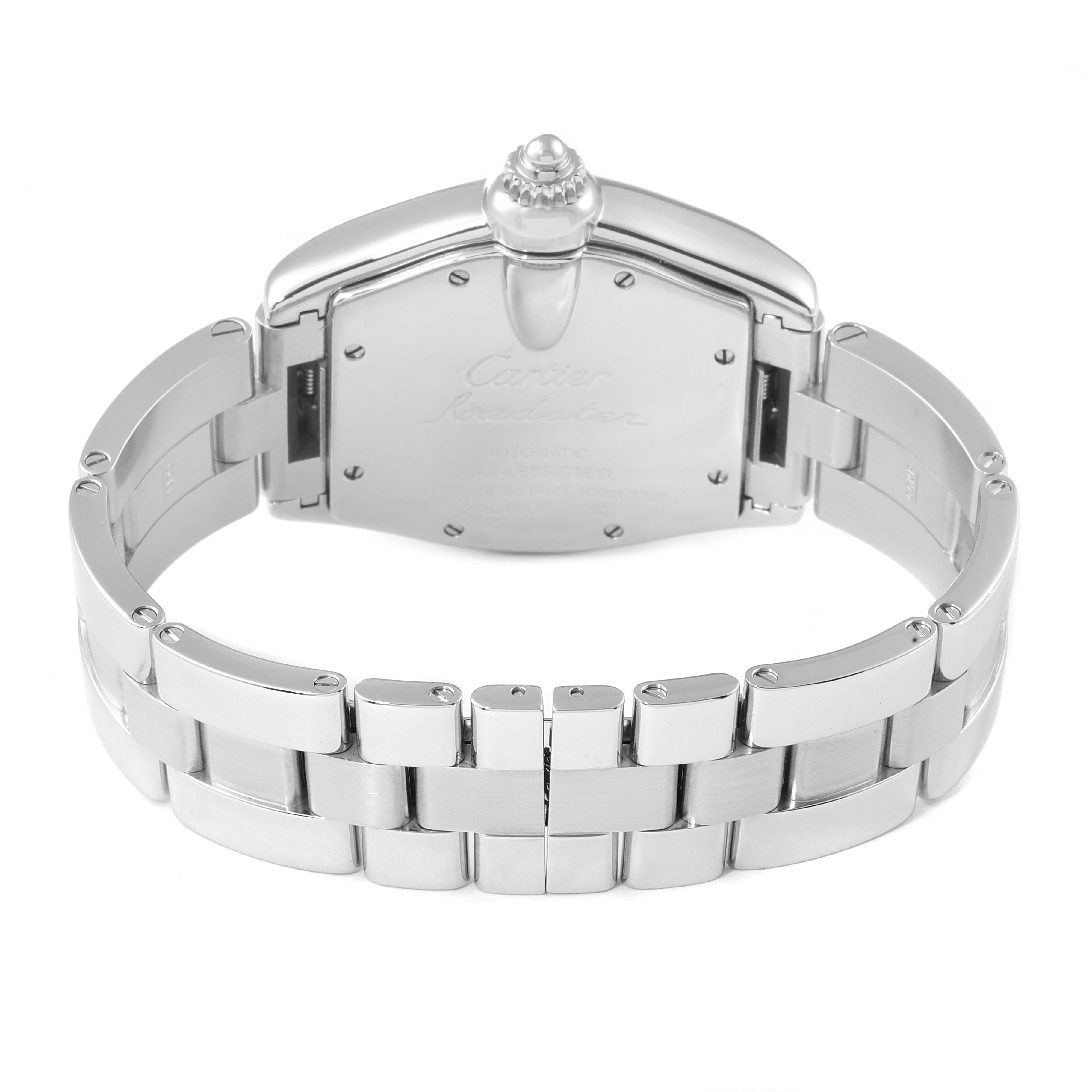 The image shows the back view and bracelet of a Cartier Roadster W62025V3 Men
s Stainless Steel Silver Dial W62025V3 Men
s Stainless Steel Silver Dial watch.