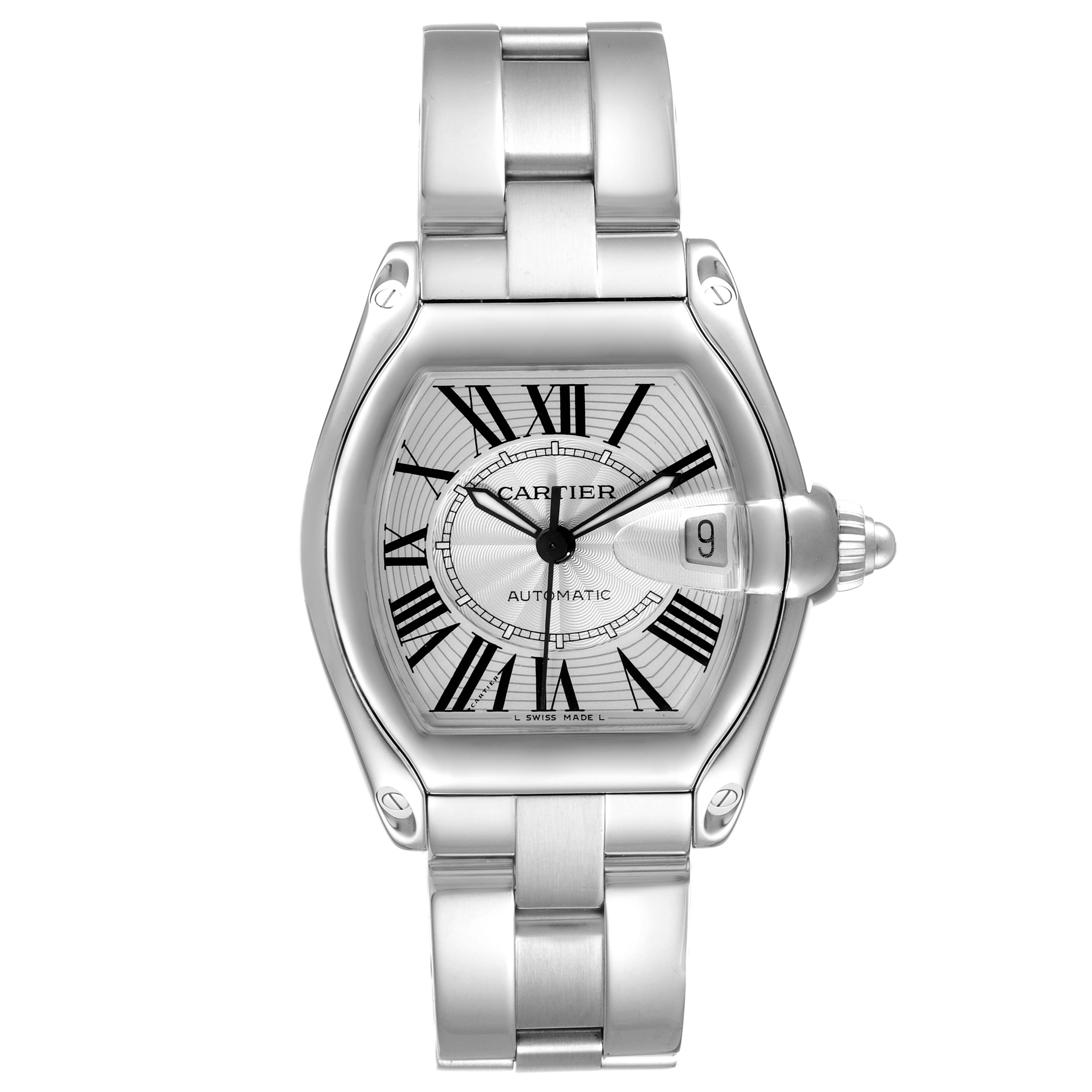 The image shows a front view of a Cartier Roadster W62025V3 Men
s Stainless Steel Silver Dial W62025V3 Men
s Stainless Steel Silver Dial watch, highlighting the face, case, and metal bracelet.