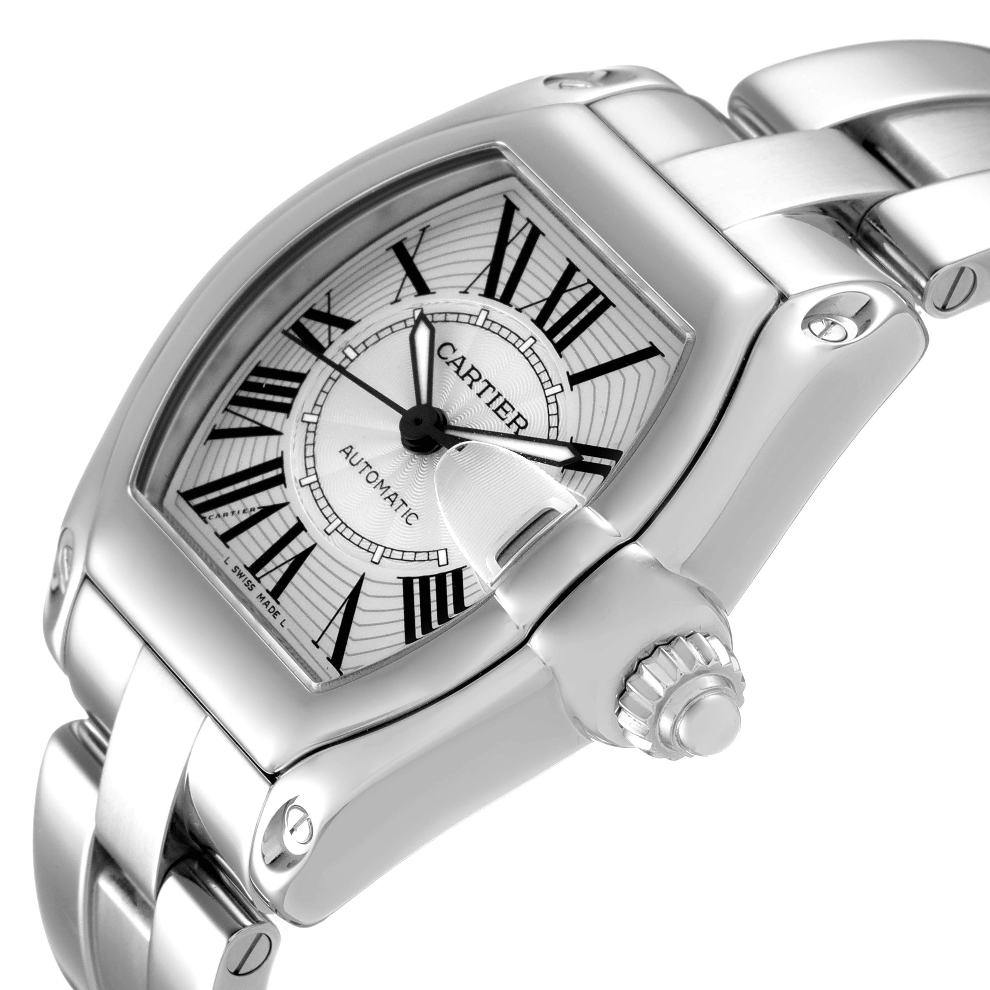 The Cartier Roadster W62025V3 Men
s Stainless Steel Silver Dial W62025V3 Men
s Stainless Steel Silver Dial watch is shown at an angled close-up, displaying the face, crown, and part of the bracelet.
