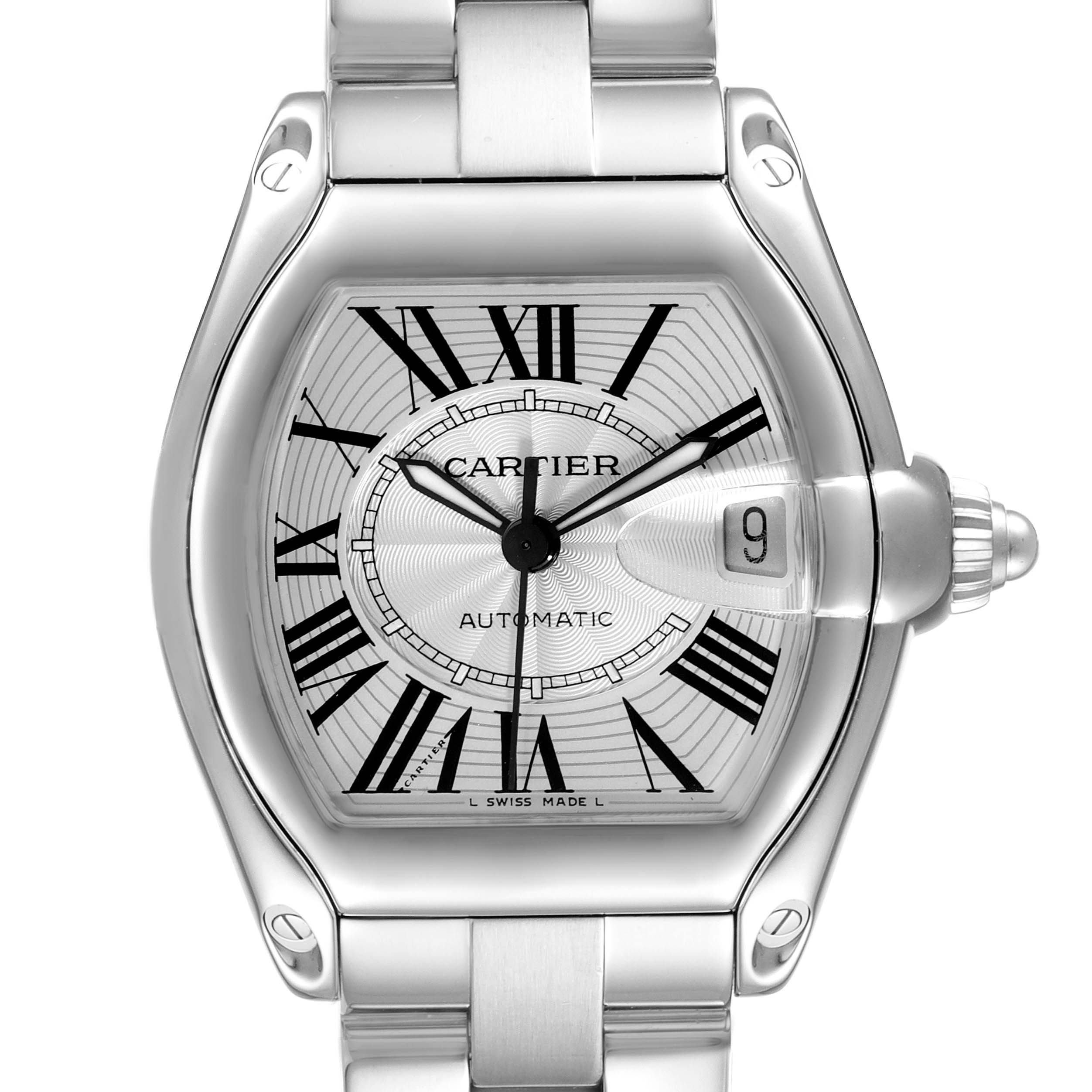 This image shows a front view of the Cartier Roadster W62025V3 Men
s Stainless Steel Silver Dial W62025V3 Men
s Stainless Steel Silver Dial watch, highlighting its dial, hour markers, hands, and date window.