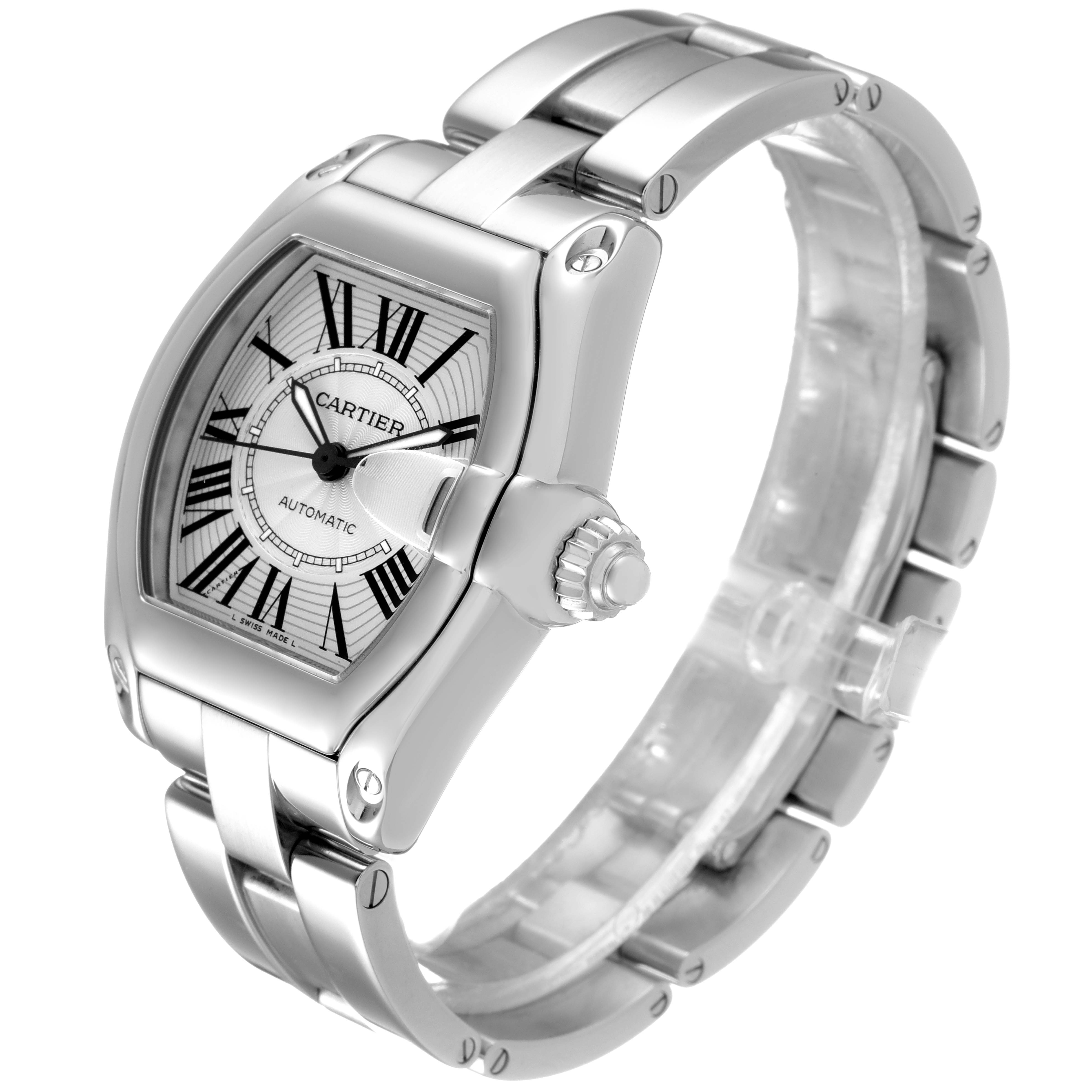 The image shows a Cartier Roadster W62025V3 Men
s Stainless Steel Silver Dial W62025V3 Men
s Stainless Steel Silver Dial watch at an angled side view, highlighting the case, dial, crown, and bracelet.