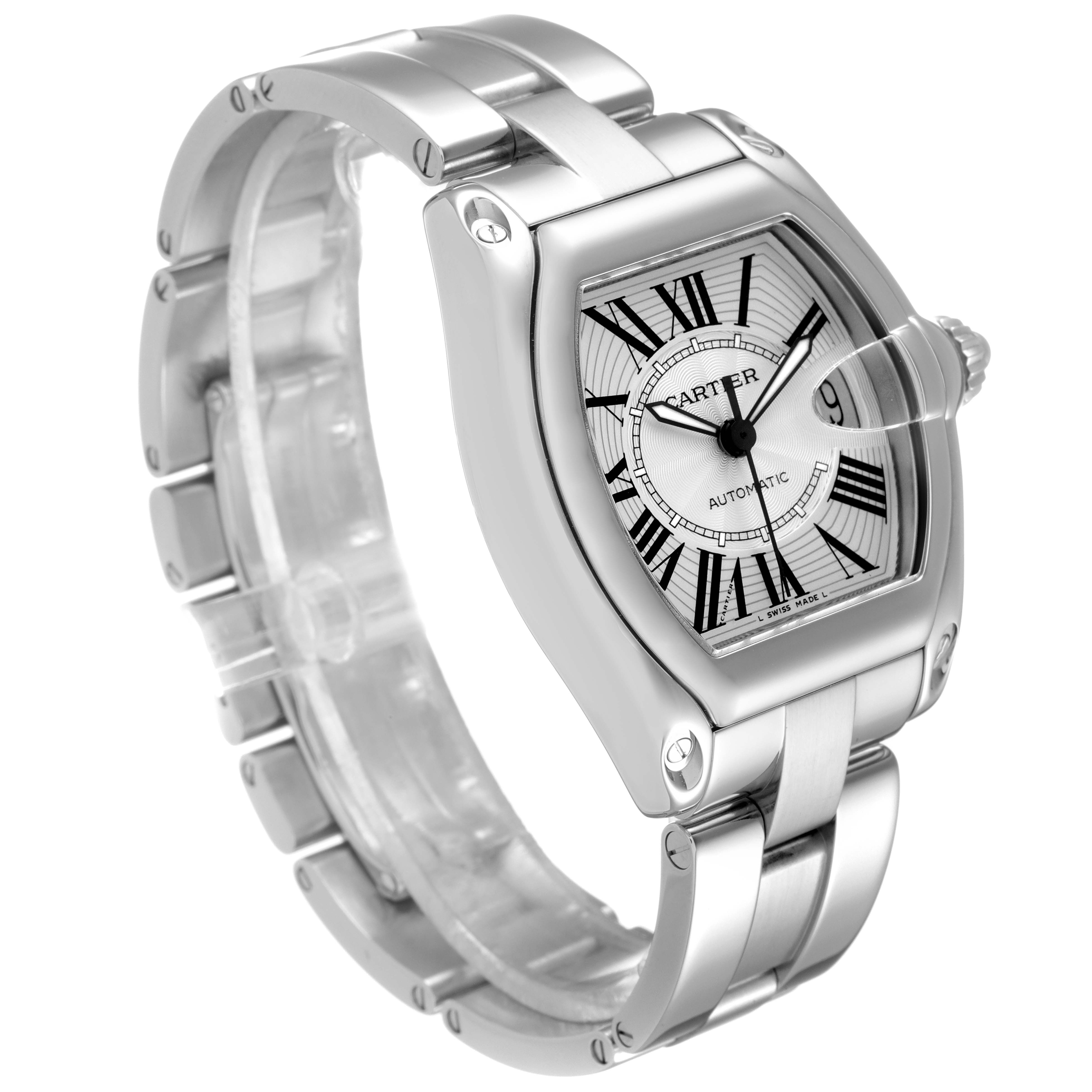 This Cartier Roadster W62025V3 Men
s Stainless Steel Silver Dial W62025V3 Men
s Stainless Steel Silver Dial watch is shown at a three-quarter angle, displaying its dial, case, and bracelet.