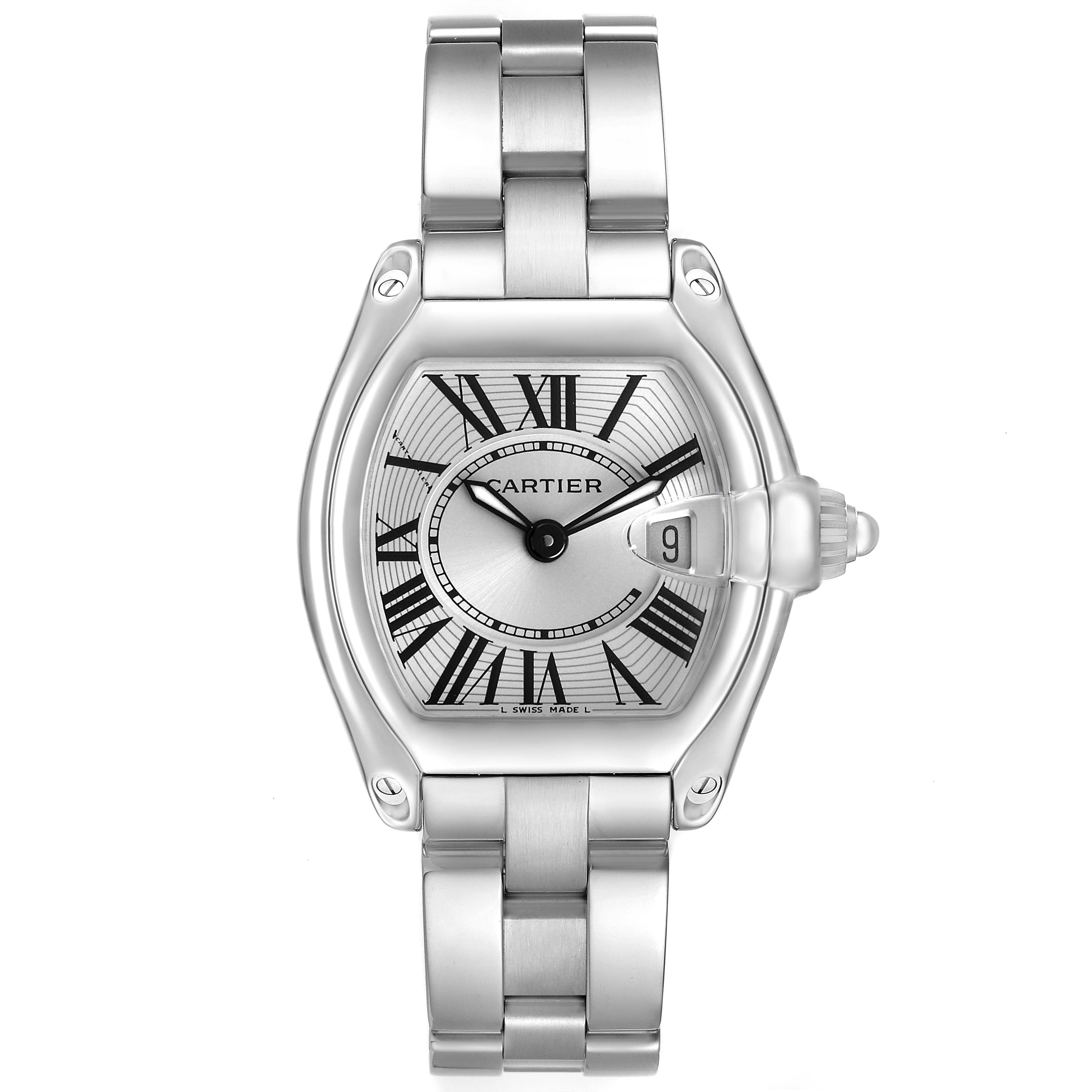 The Cartier Roadster W62016V3 Women's Stainless Steel Silver Dial watch is shown from a frontal angle, displaying its face, bezel, bracelet, and crown.