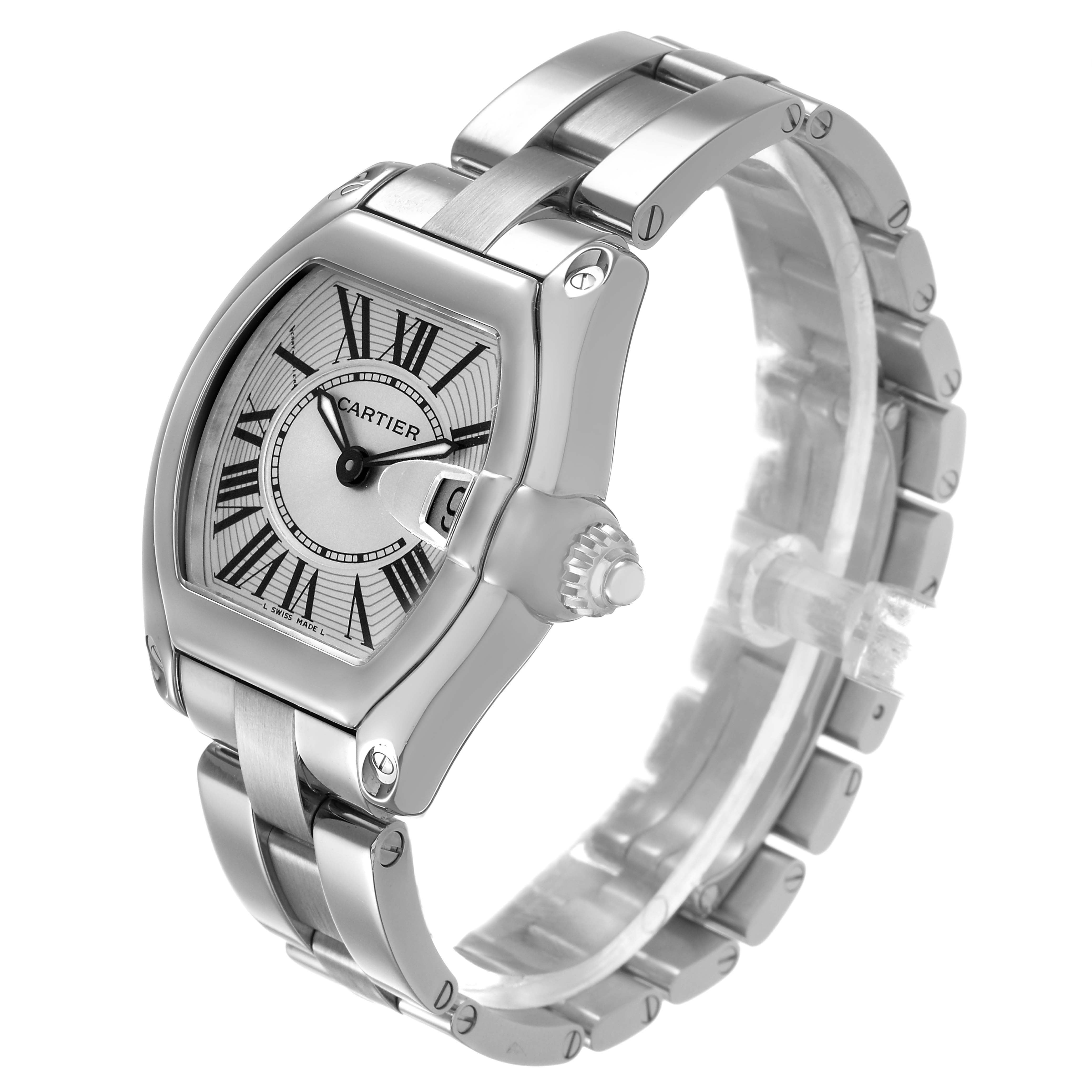 The Cartier Roadster W62016V3 Women's Stainless Steel Silver Dial watch is shown at a three-quarter angle, highlighting its dial, crown, and bracelet.
