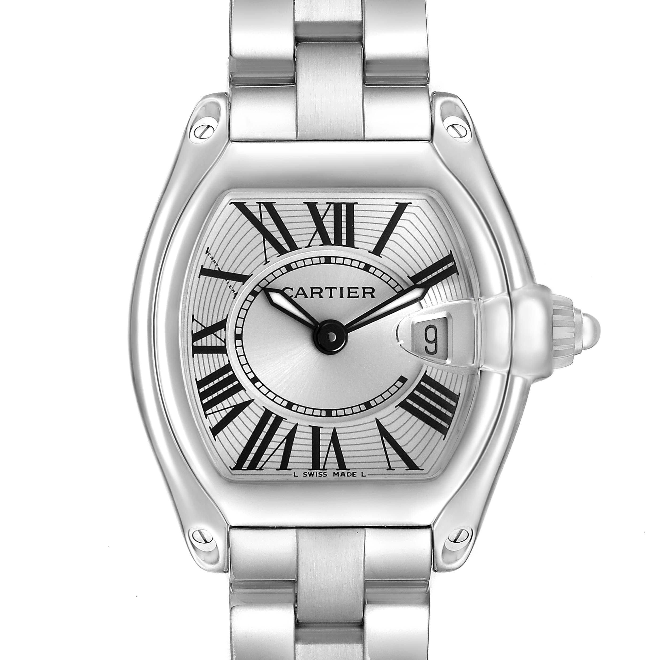The image shows a Cartier Roadster W62016V3 Women's Stainless Steel Silver Dial watch face and bracelet from a top-down angle, highlighting the dial, bezel, and crown.