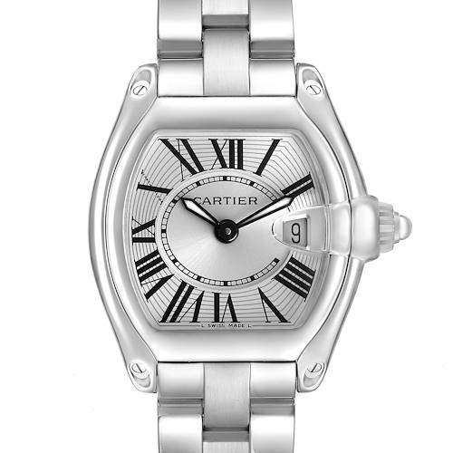The Cartier Roadster W62016V3 Womens Stainless Steel Silver Dial watch is shown from the front, displaying its face, bracelet, and date window.