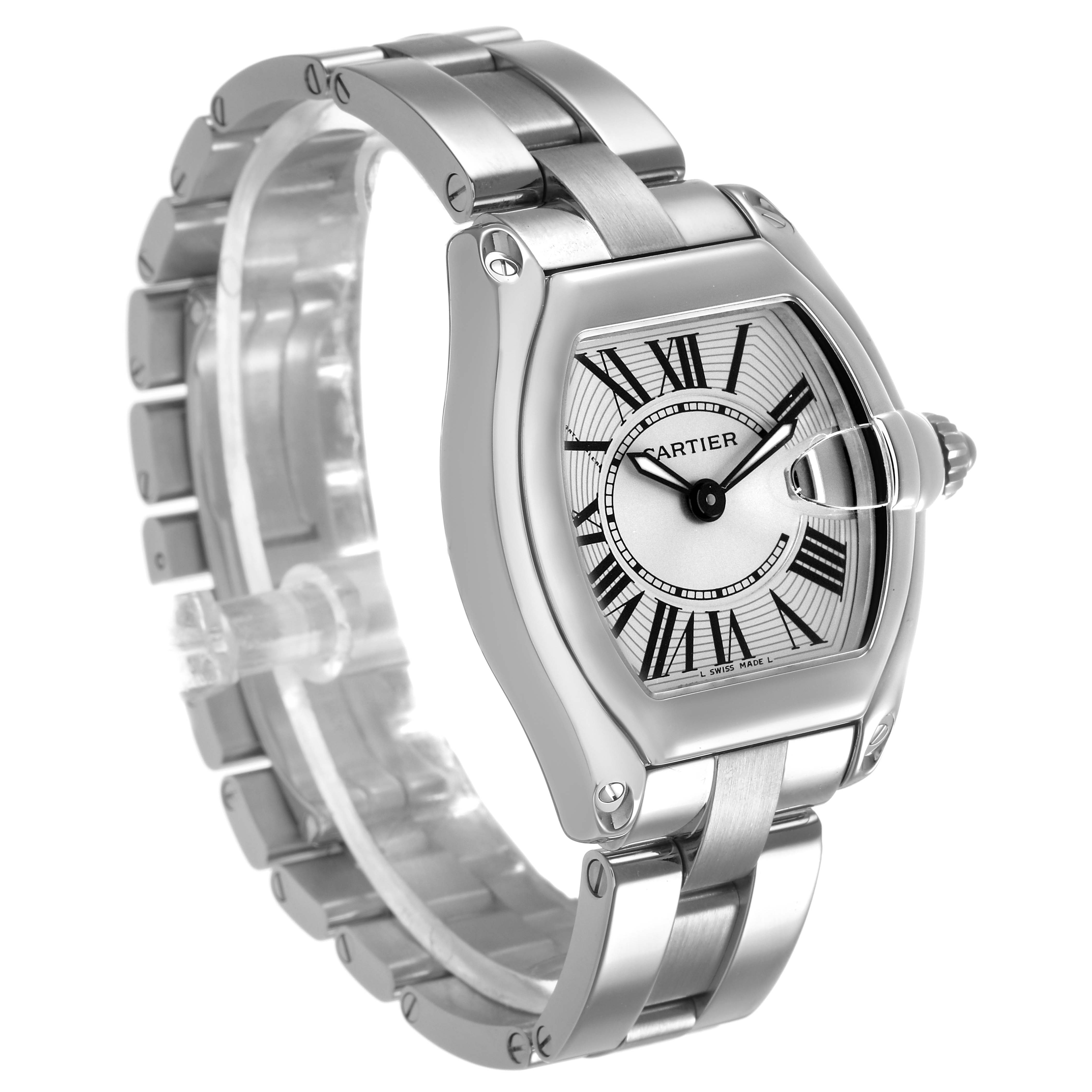 The Cartier Roadster W62016V3 Women's Stainless Steel Silver Dial watch is shown from a three-quarter angle, displaying its silver case, bracelet, and Roman numeral dial.