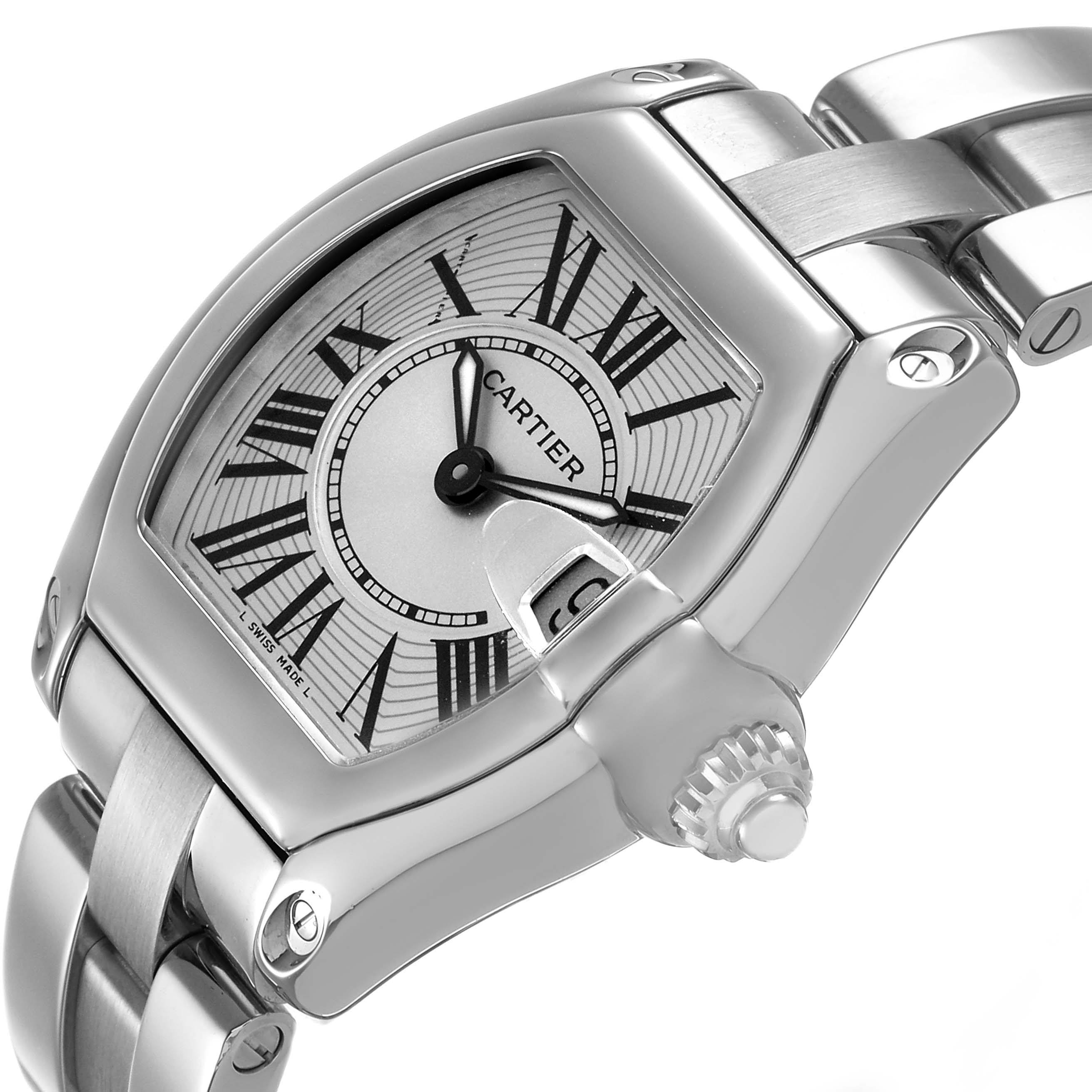 The Cartier Roadster W62016V3 Women's Stainless Steel Silver Dial watch is shown at an angle highlighting the dial, crown, and part of the bracelet.
