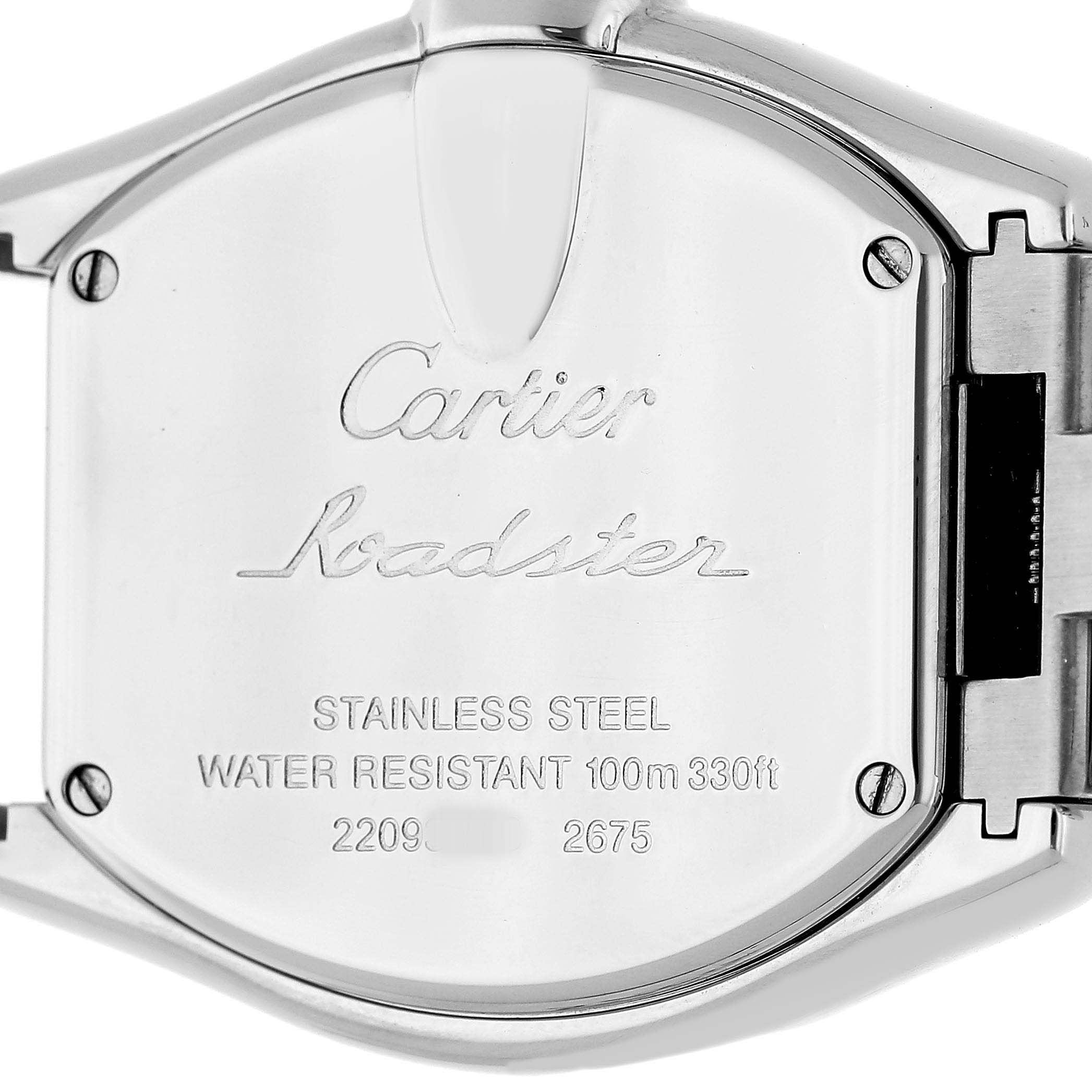 The image shows the back case of a Cartier Roadster W62016V3 Women's Stainless Steel Silver Dial watch, highlighting its stainless steel material and water resistance details.