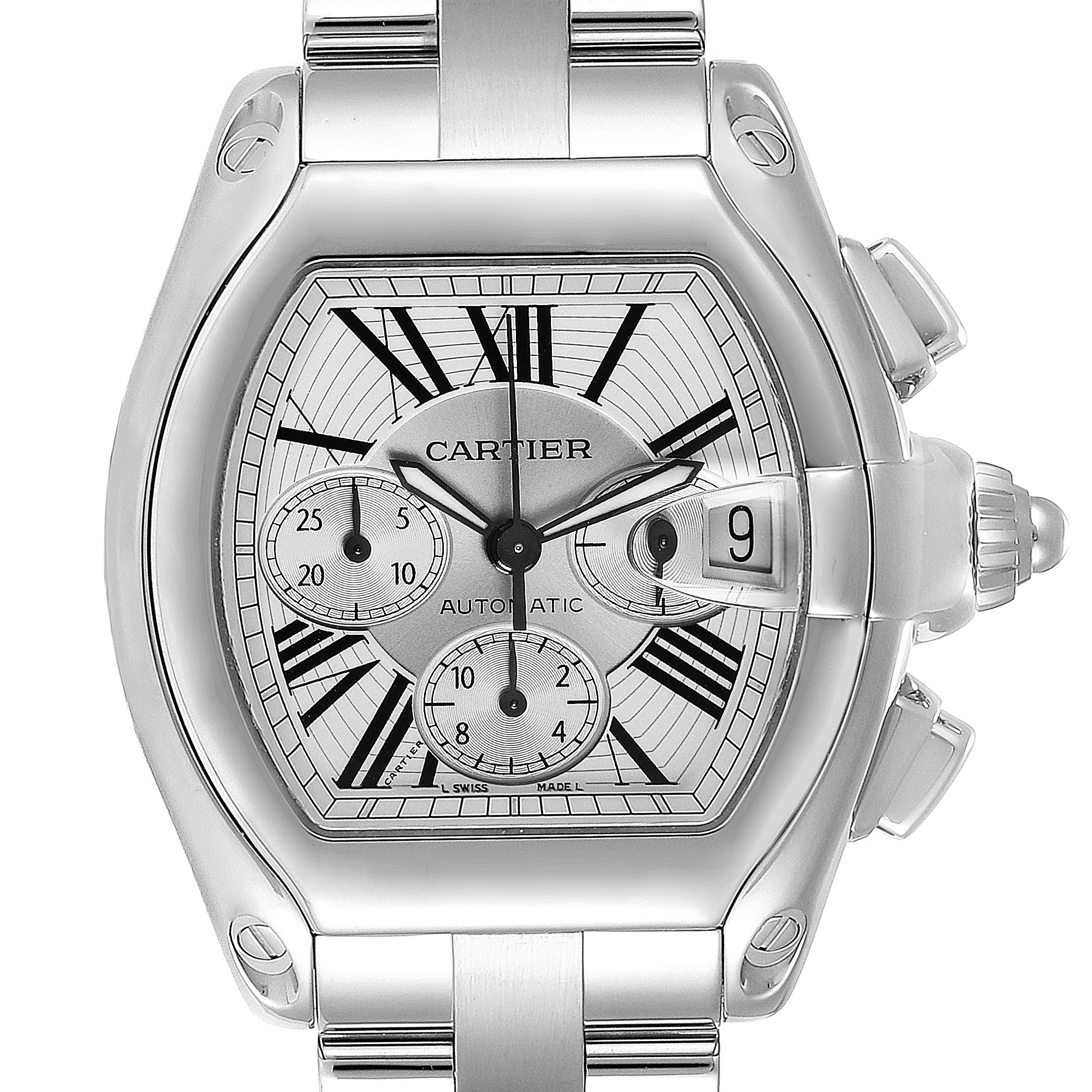 This image shows the front face and part of the bracelet of a Cartier Roadster W62019X6 Men
s Stainless Steel Silver Dial W62019X6 Men
s Stainless Steel Silver Dial model watch.