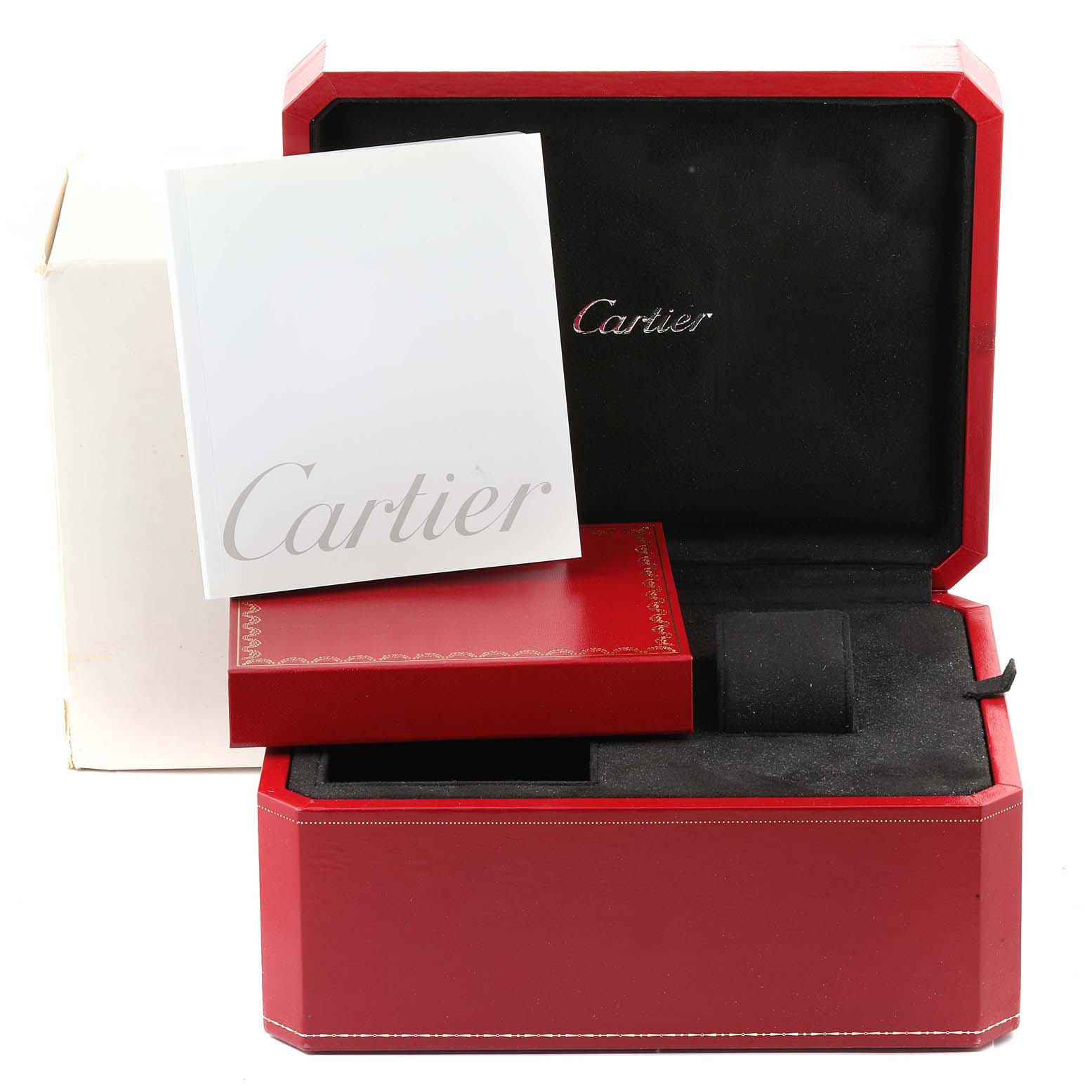 The image shows a red Cartier Roadster W62019X6 Men
s Stainless Steel Silver Dial W62019X6 Men
s Stainless Steel Silver Dial watch box, an outer white box, and accompanying booklets seen from a front angle.