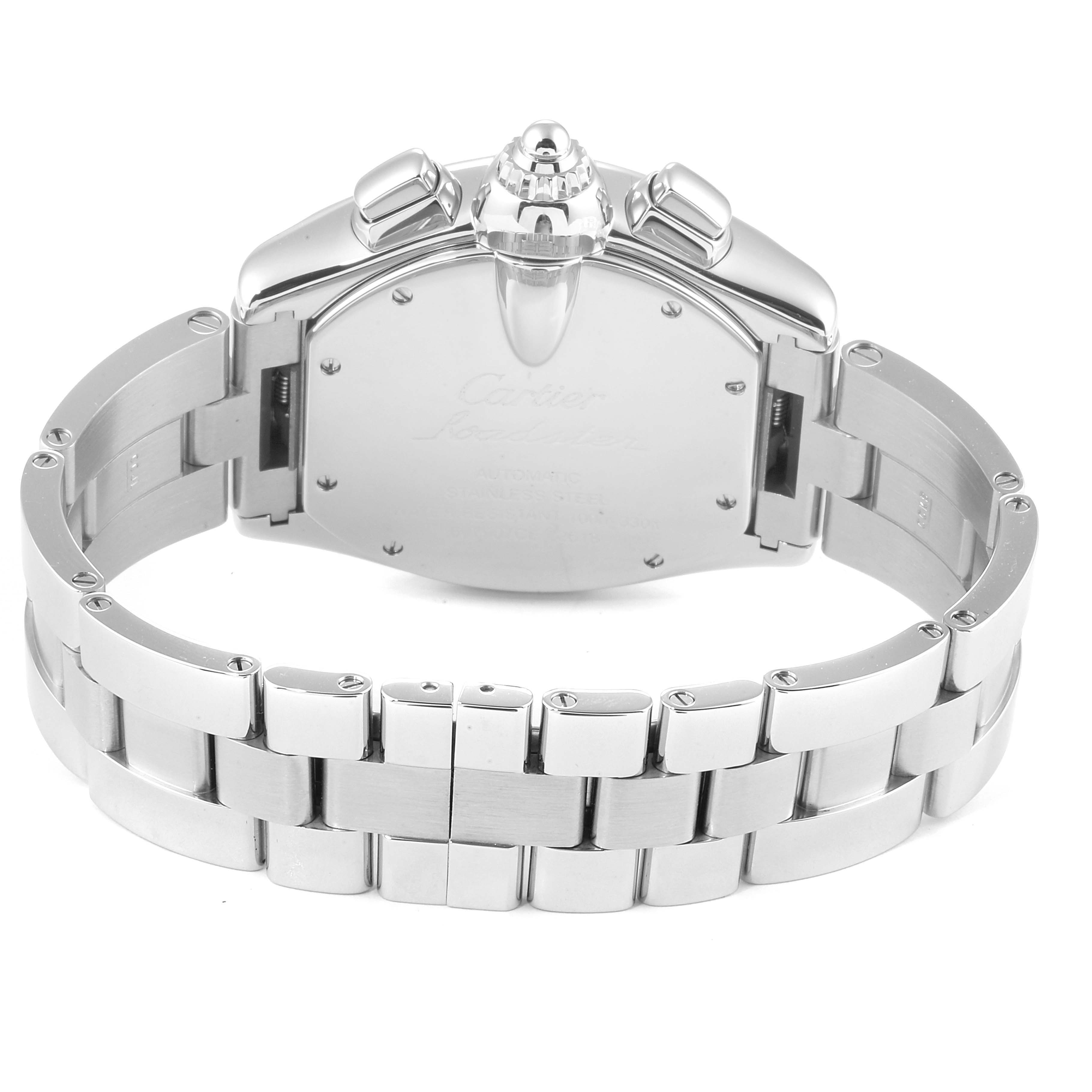 This image shows the back view of a Cartier Roadster W62019X6 Men
s Stainless Steel Silver Dial W62019X6 Men
s Stainless Steel Silver Dial watch, highlighting its bracelet and caseback.