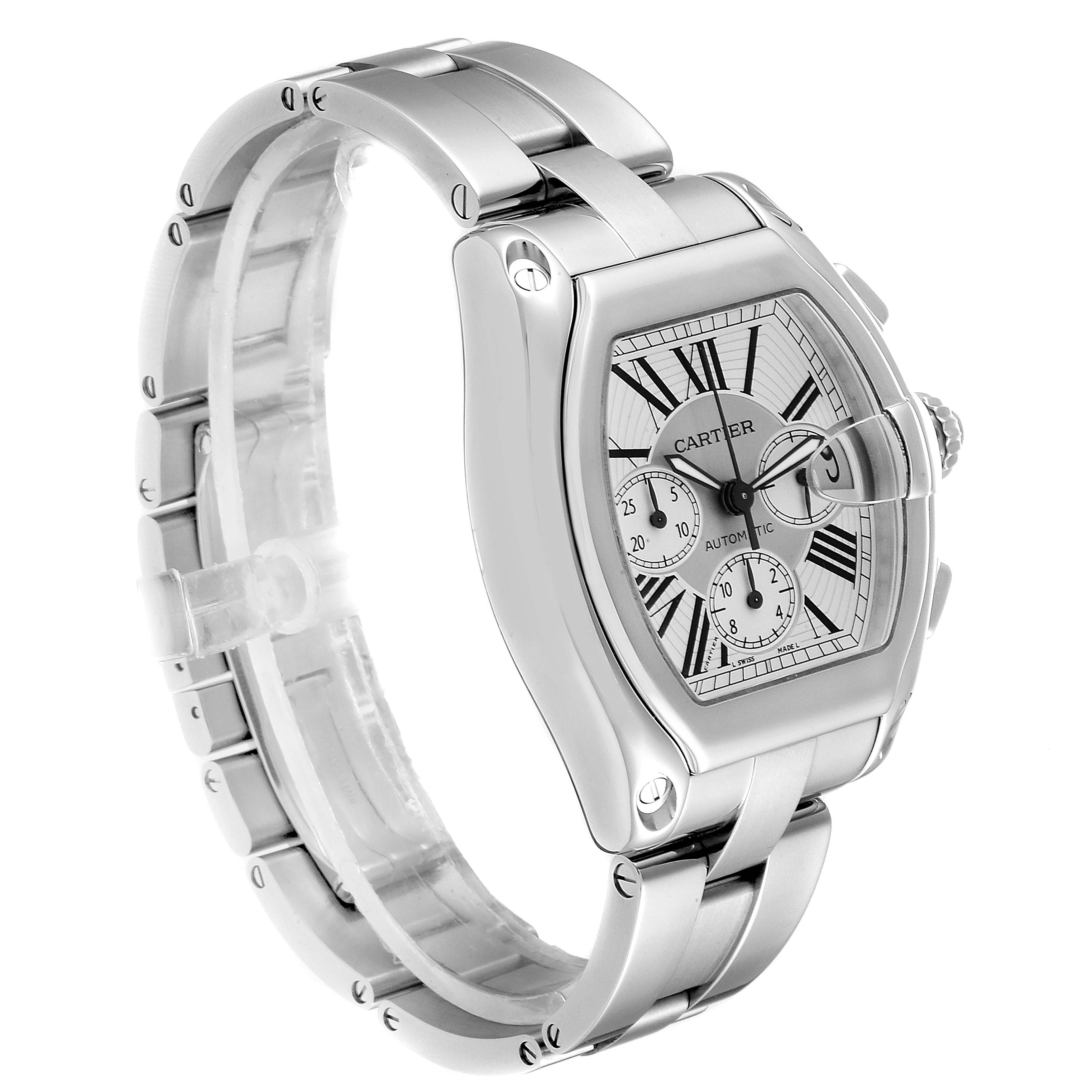 The Cartier Roadster W62019X6 Men
s Stainless Steel Silver Dial W62019X6 Men
s Stainless Steel Silver Dial watch is shown at a three-quarter angle, displaying the face, side, and bracelet.