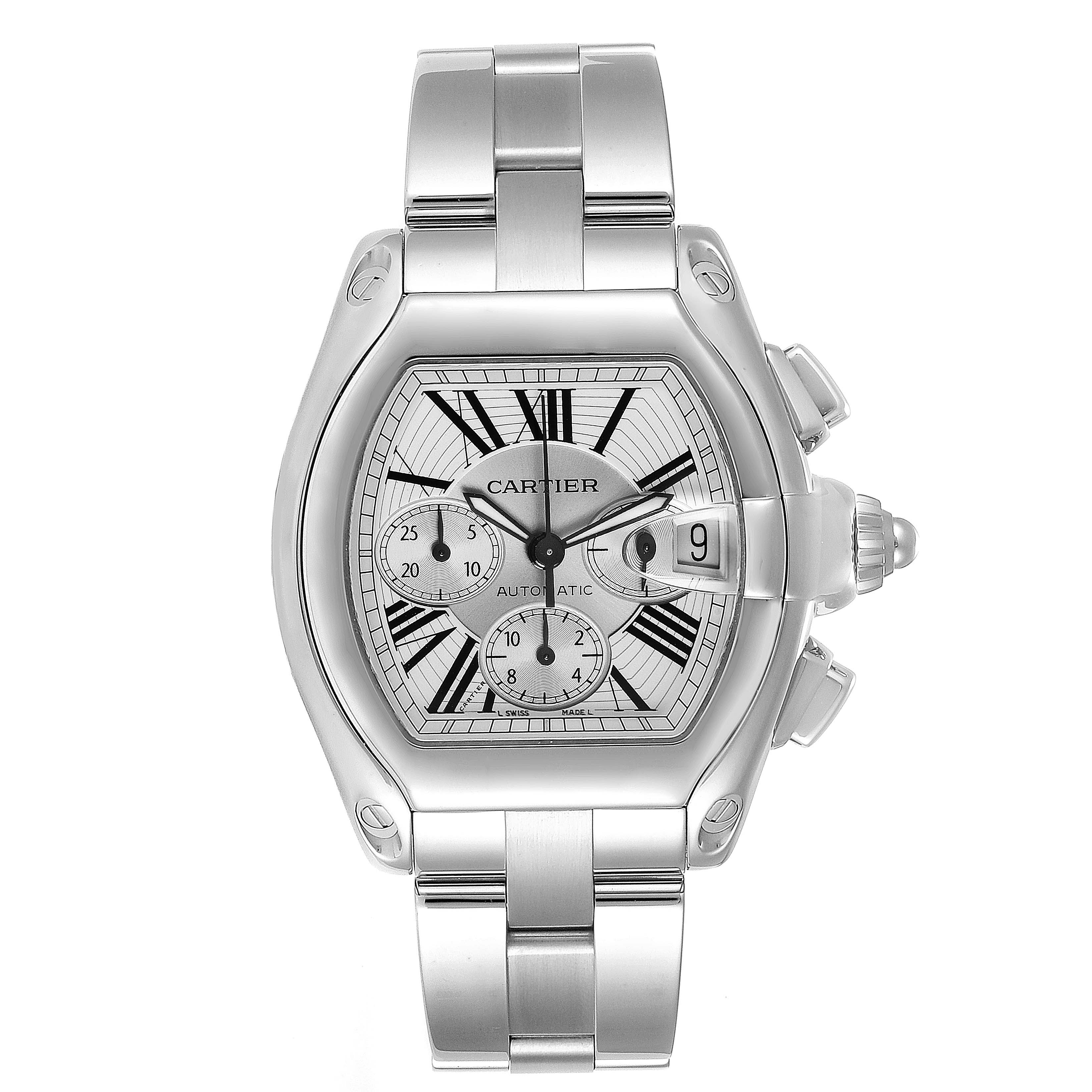 This image shows a front view of a Cartier Roadster W62019X6 Men
s Stainless Steel Silver Dial W62019X6 Men
s Stainless Steel Silver Dial watch, displaying the dial, hands, crown, and metal bracelet.