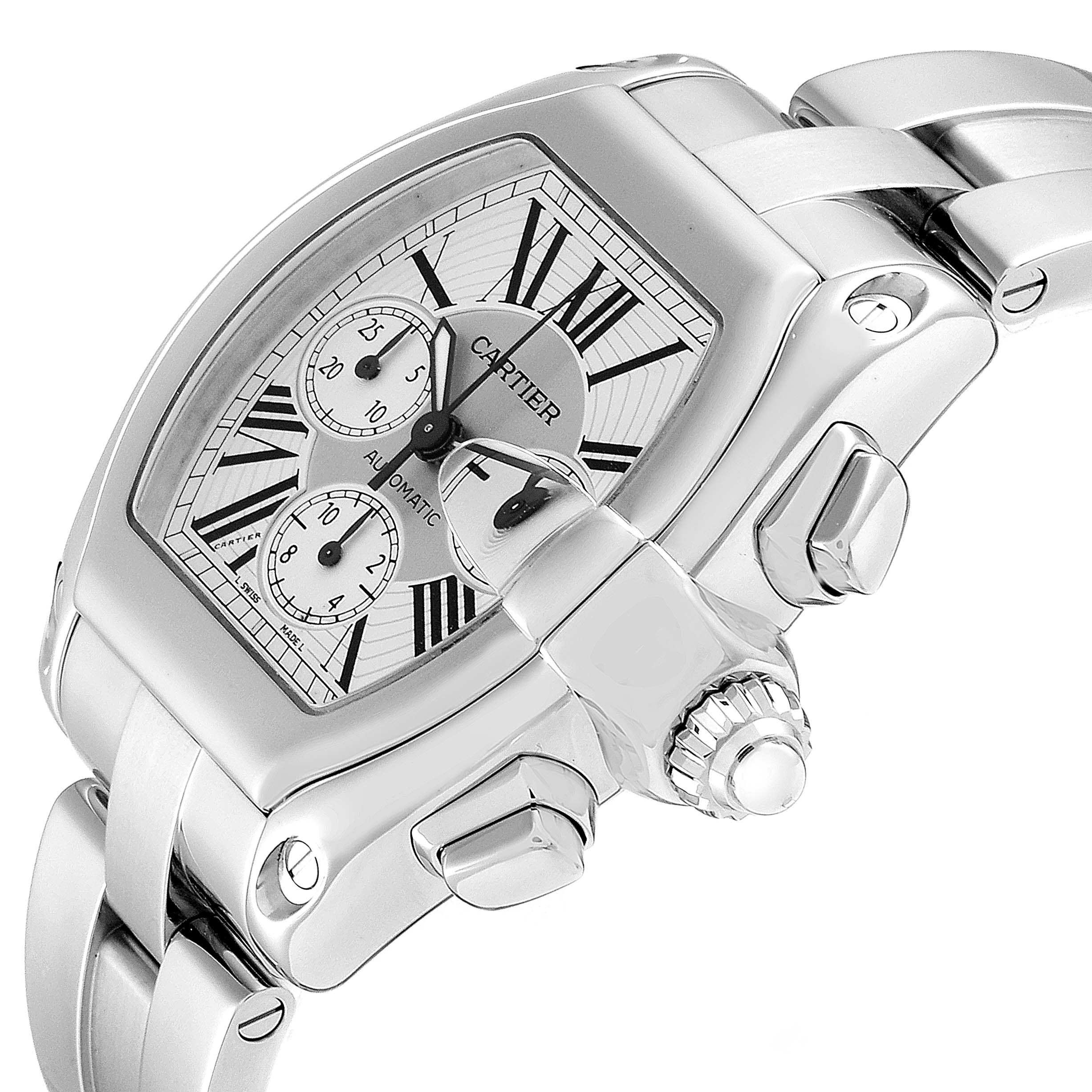 The image shows a Cartier Roadster W62019X6 Men
s Stainless Steel Silver Dial W62019X6 Men
s Stainless Steel Silver Dial watch from an angled side view, displaying its dial, crown, and metal bracelet.