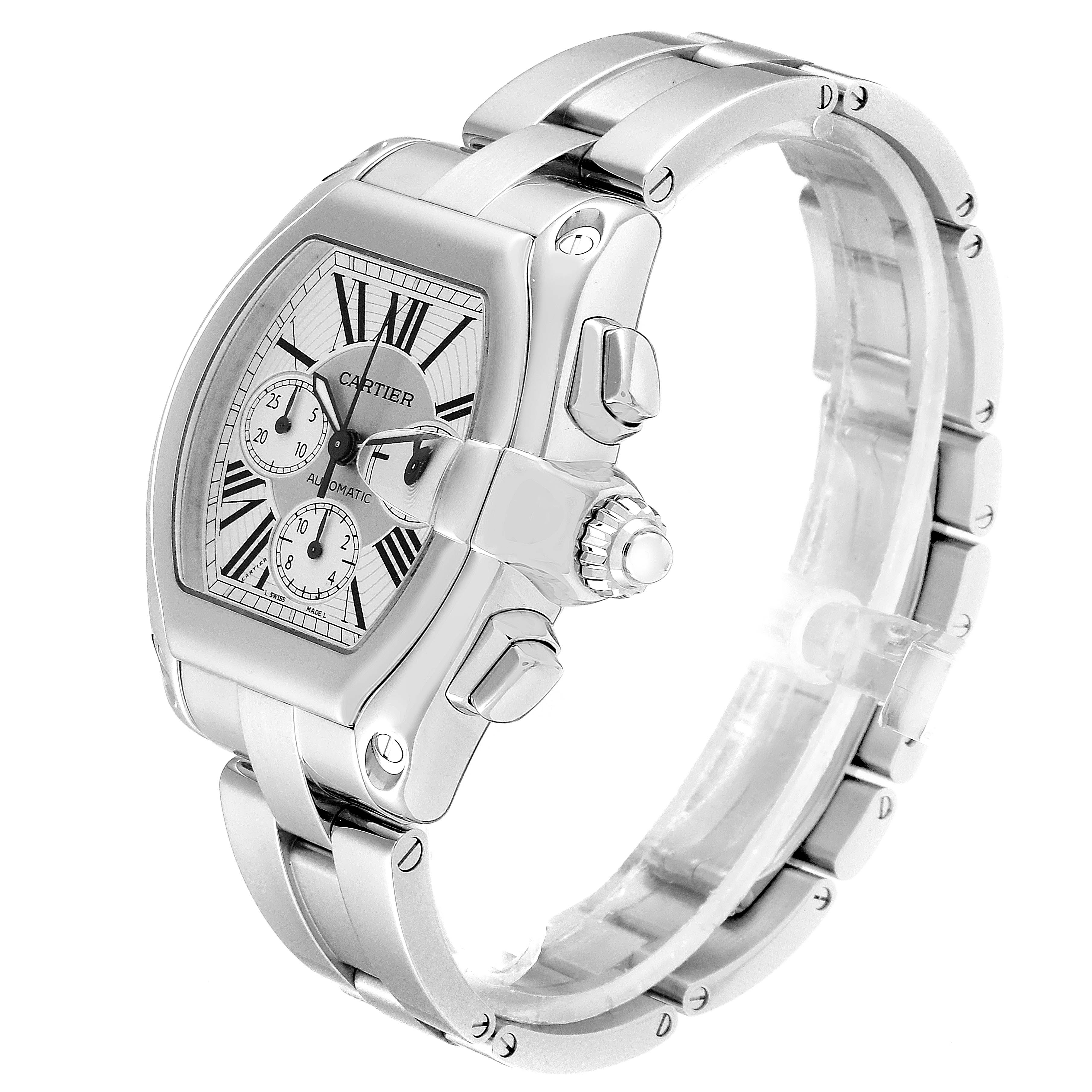 The image shows a Cartier Roadster W62019X6 Men
s Stainless Steel Silver Dial W62019X6 Men
s Stainless Steel Silver Dial watch at an oblique angle, displaying the face, crown, and bracelet.