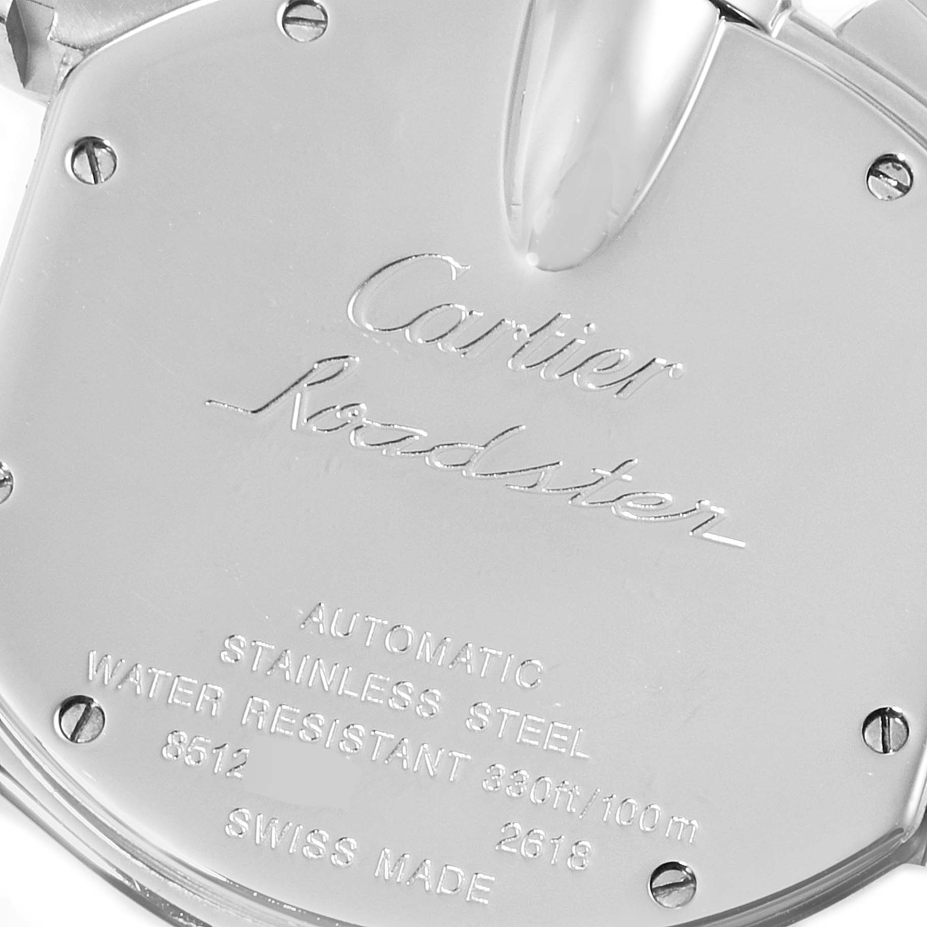 This image shows the back case of a Cartier Roadster W62019X6 Men
s Stainless Steel Silver Dial W62019X6 Men
s Stainless Steel Silver Dial watch, displaying model details and specifications.