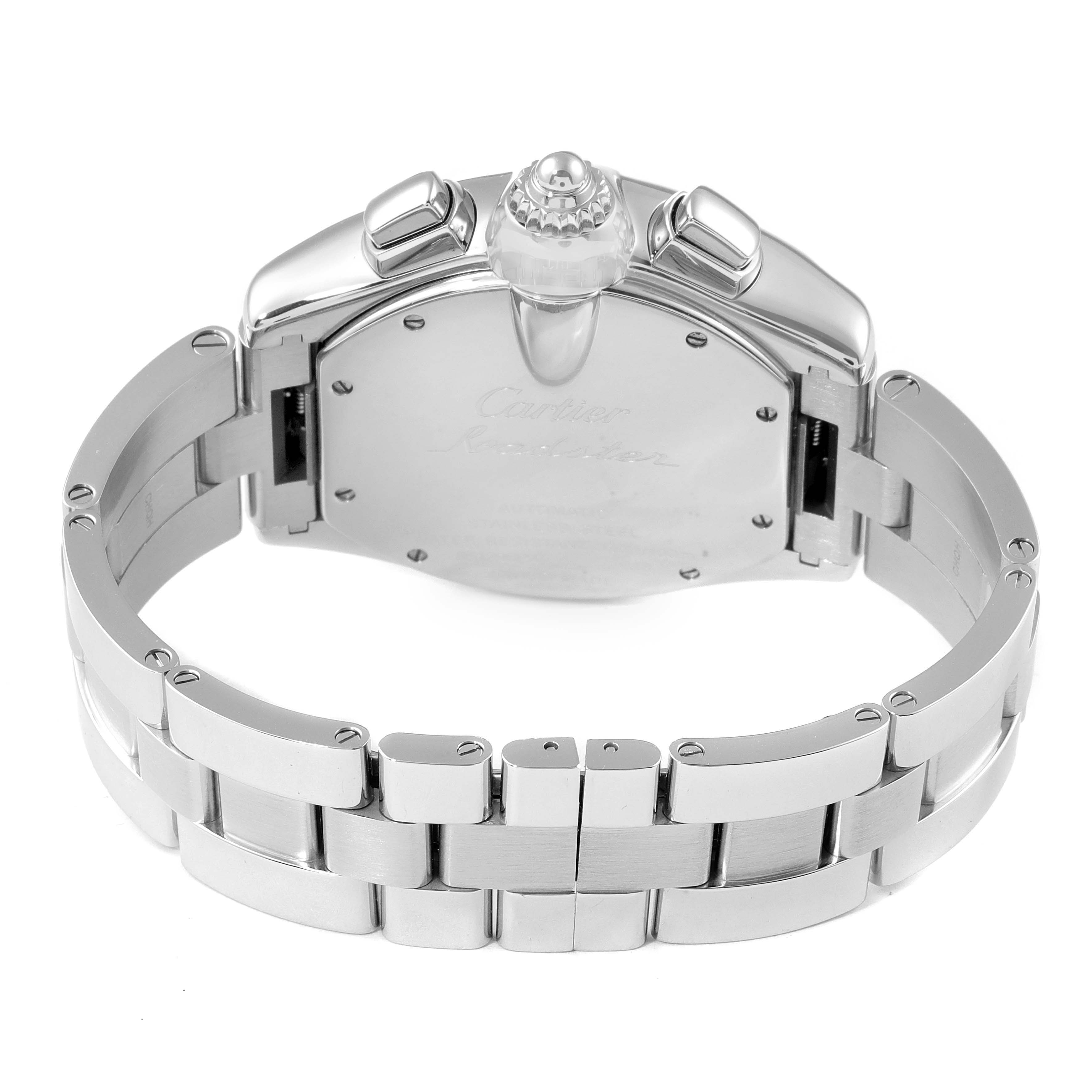 The image shows the back of a Cartier Roadster W62019X6 Men
s Stainless Steel Silver Dial W62019X6 Men
s Stainless Steel Silver Dial watch, highlighting its stainless steel bracelet and caseback.