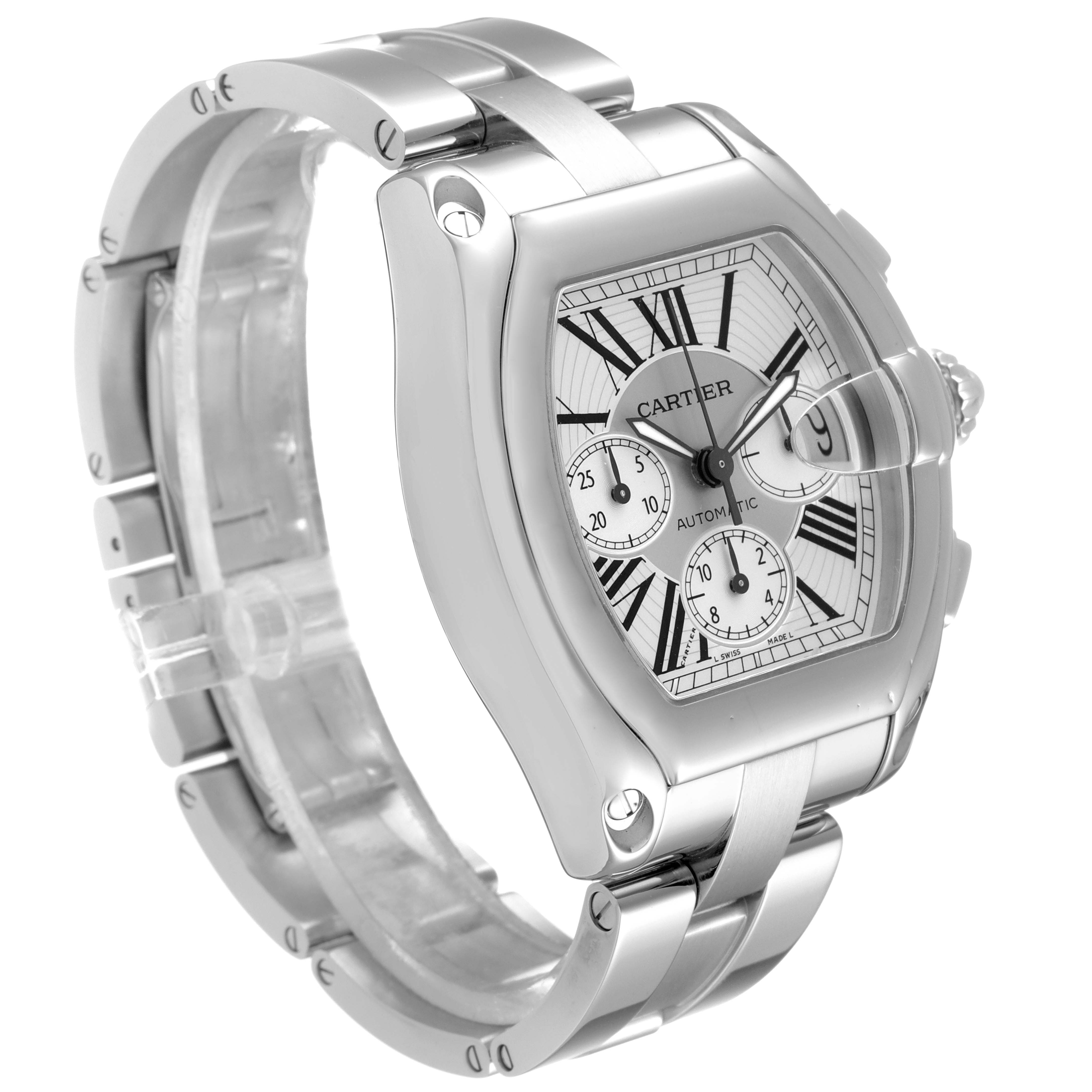 This image shows a side and front angle of the Roadster model by Cartier, highlighting the watch face, bezel, and bracelet.