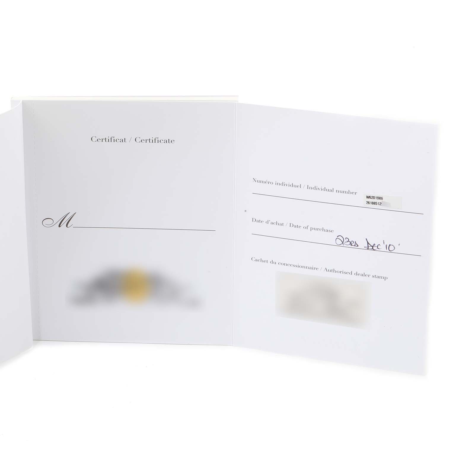 This image shows the certificate and warranty booklet for the Roadster model by Cartier.