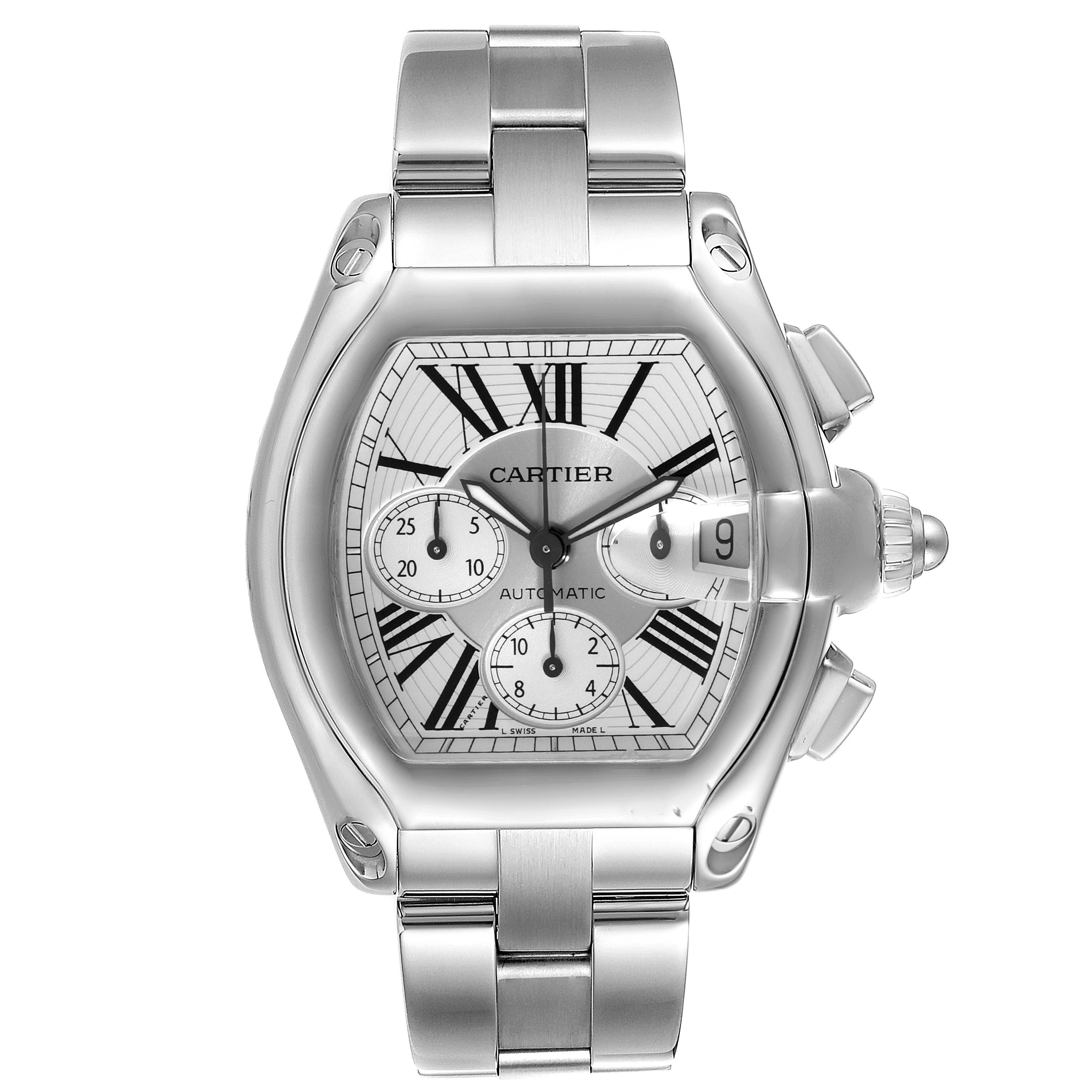 The image shows a front view of the Cartier Roadster W62019X6 Men
s Stainless Steel Silver Dial W62019X6 Men
s Stainless Steel Silver Dial watch, highlighting its face, bracelet, and crown.