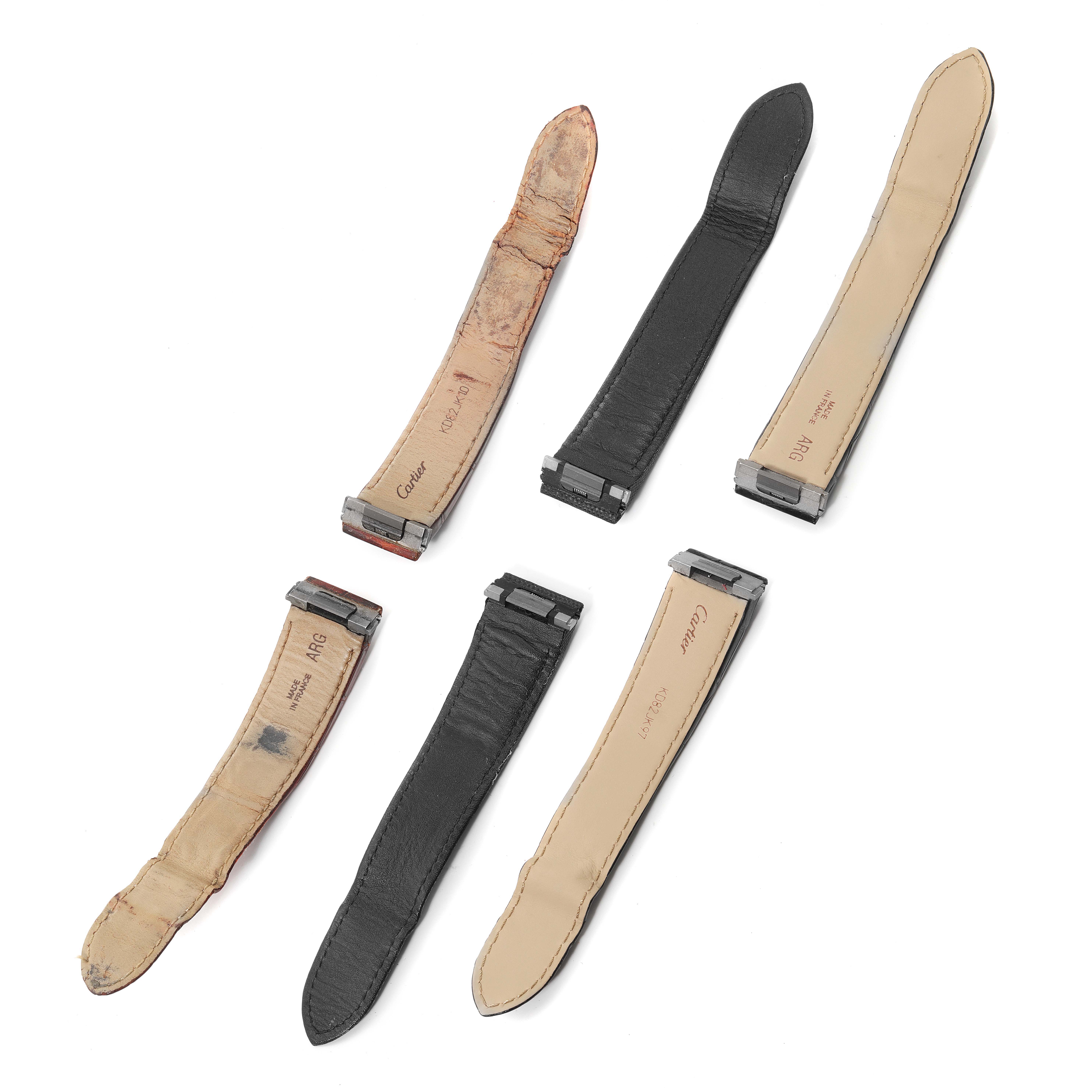 The image shows six leather straps for the Cartier Roadster W62019X6 Men
s Stainless Steel Silver Dial W62019X6 Men
s Stainless Steel Silver Dial model, viewed from different angles.