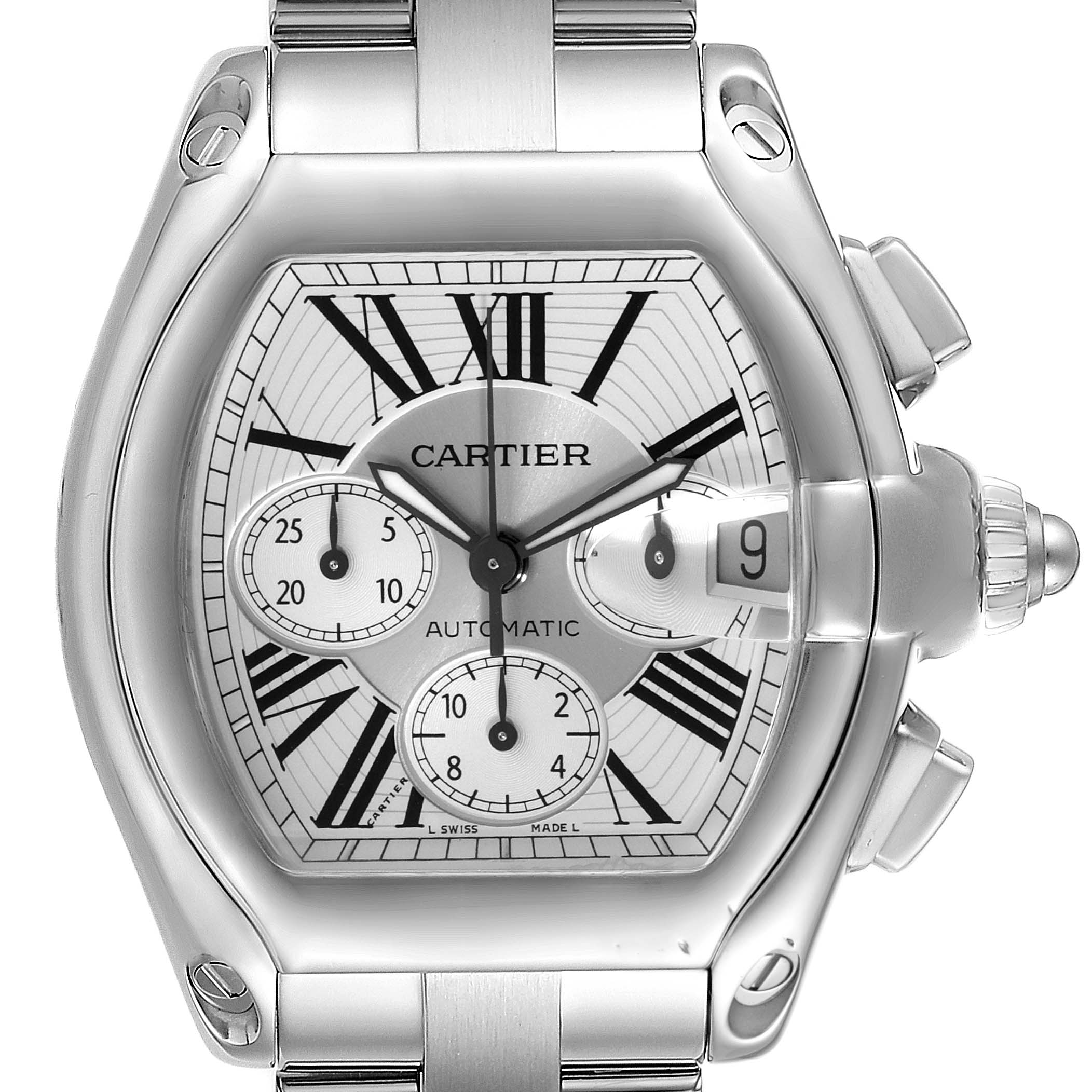 The image shows a close-up, front view of a Cartier Roadster W62019X6 Men
s Stainless Steel Silver Dial W62019X6 Men
s Stainless Steel Silver Dial watch, highlighting the dial, date display, and chronograph subdials.