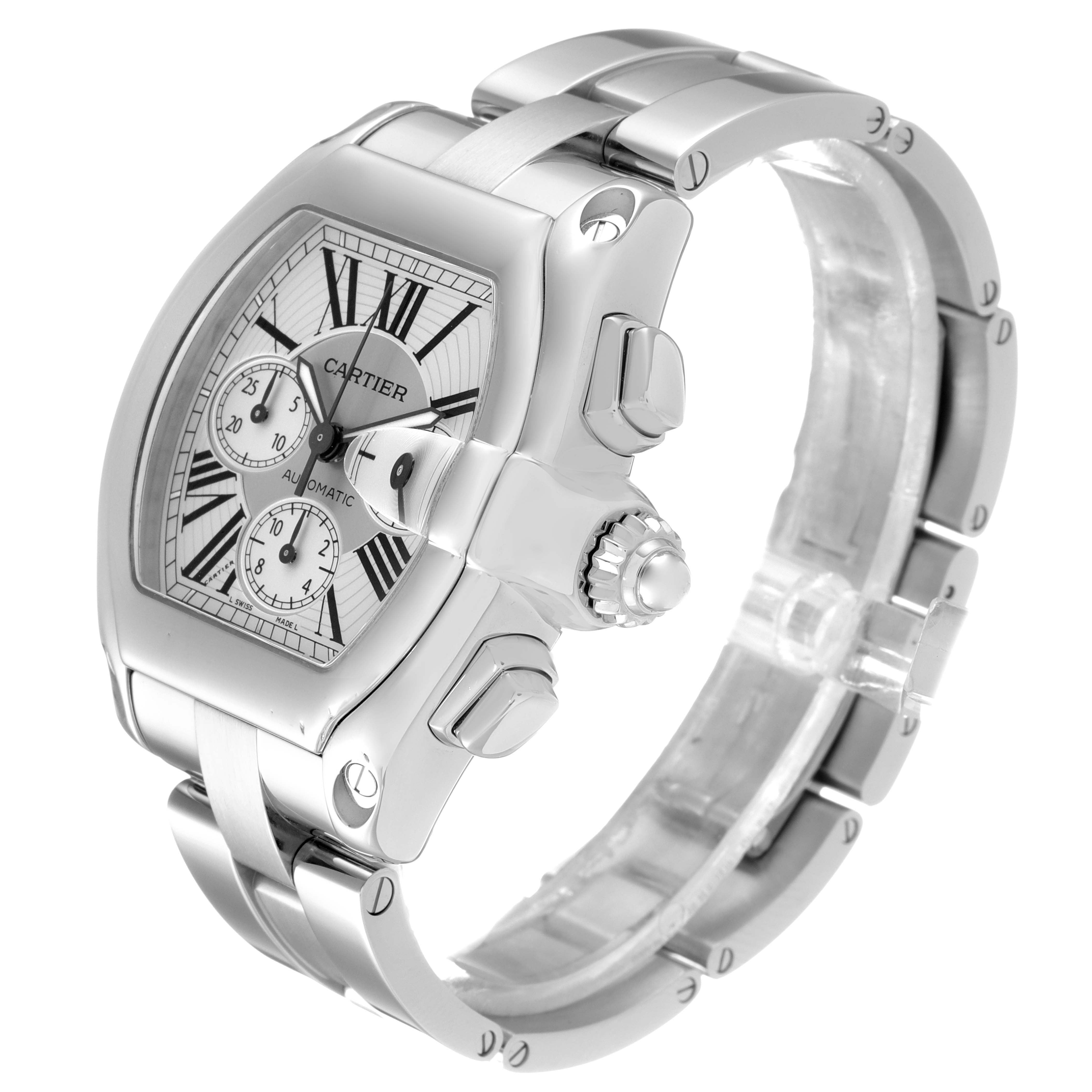 This image shows a Cartier Roadster W62019X6 Men
s Stainless Steel Silver Dial W62019X6 Men
s Stainless Steel Silver Dial watch at a three-quarter angle, highlighting its face, bracelet, and crown.