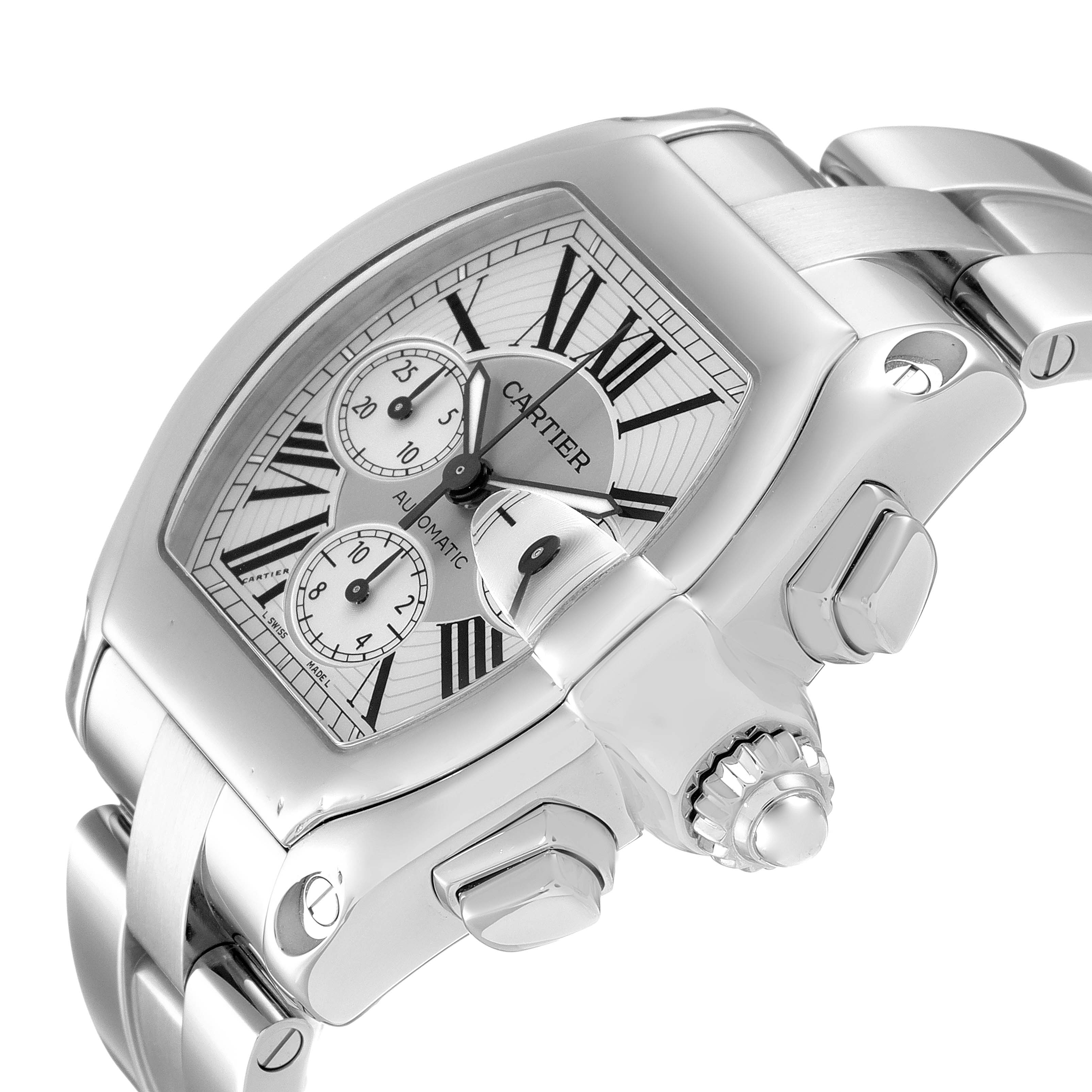 The Cartier Roadster W62019X6 Men
s Stainless Steel Silver Dial W62019X6 Men
s Stainless Steel Silver Dial model watch is shown at an angled view, highlighting its face, crown, and part of its metal bracelet.