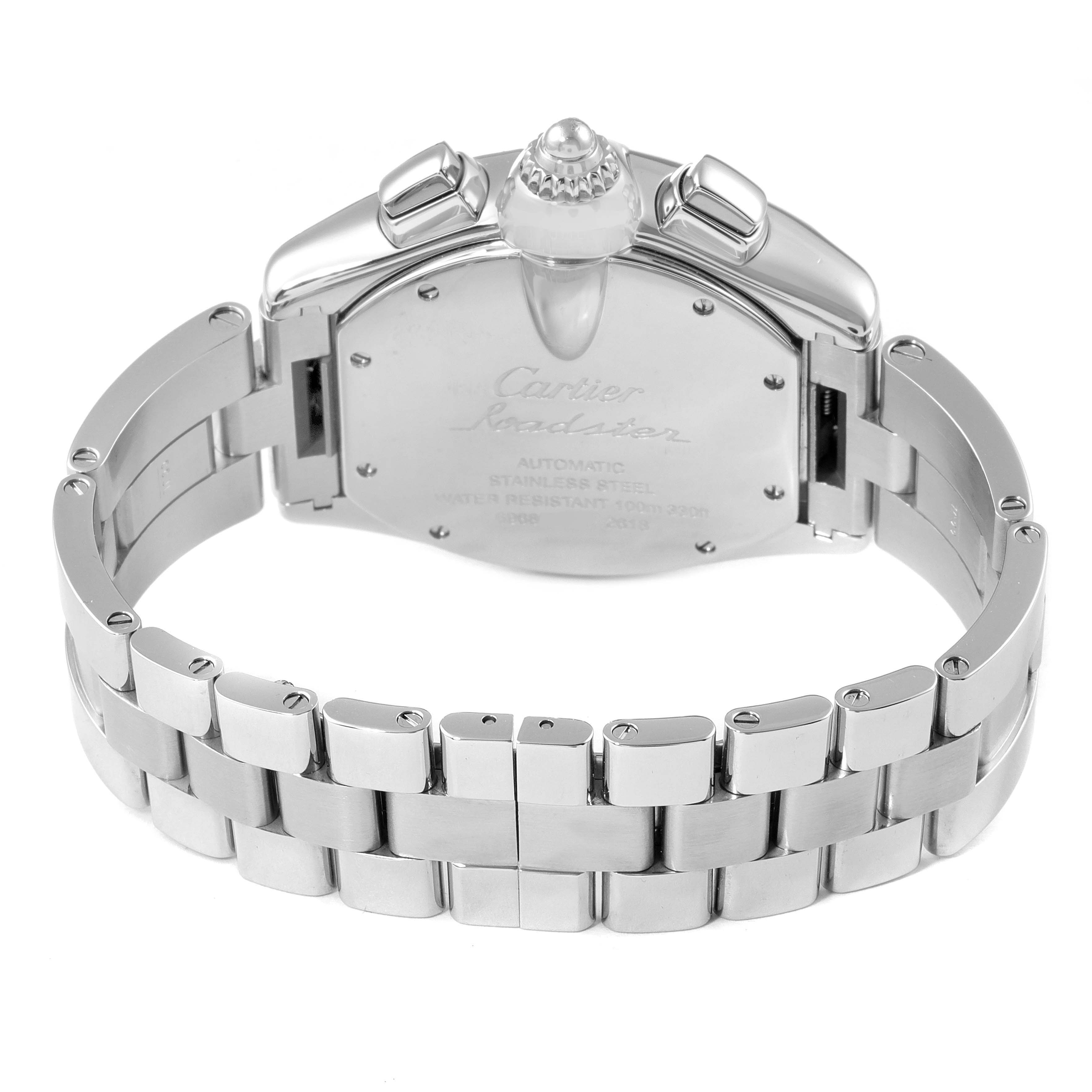 The image shows the back view of a Cartier Roadster W62020X6 Men
s Stainless Steel Black Dial W62020X6 Men
s Stainless Steel Black Dial watch, focusing on the case back and stainless steel bracelet.