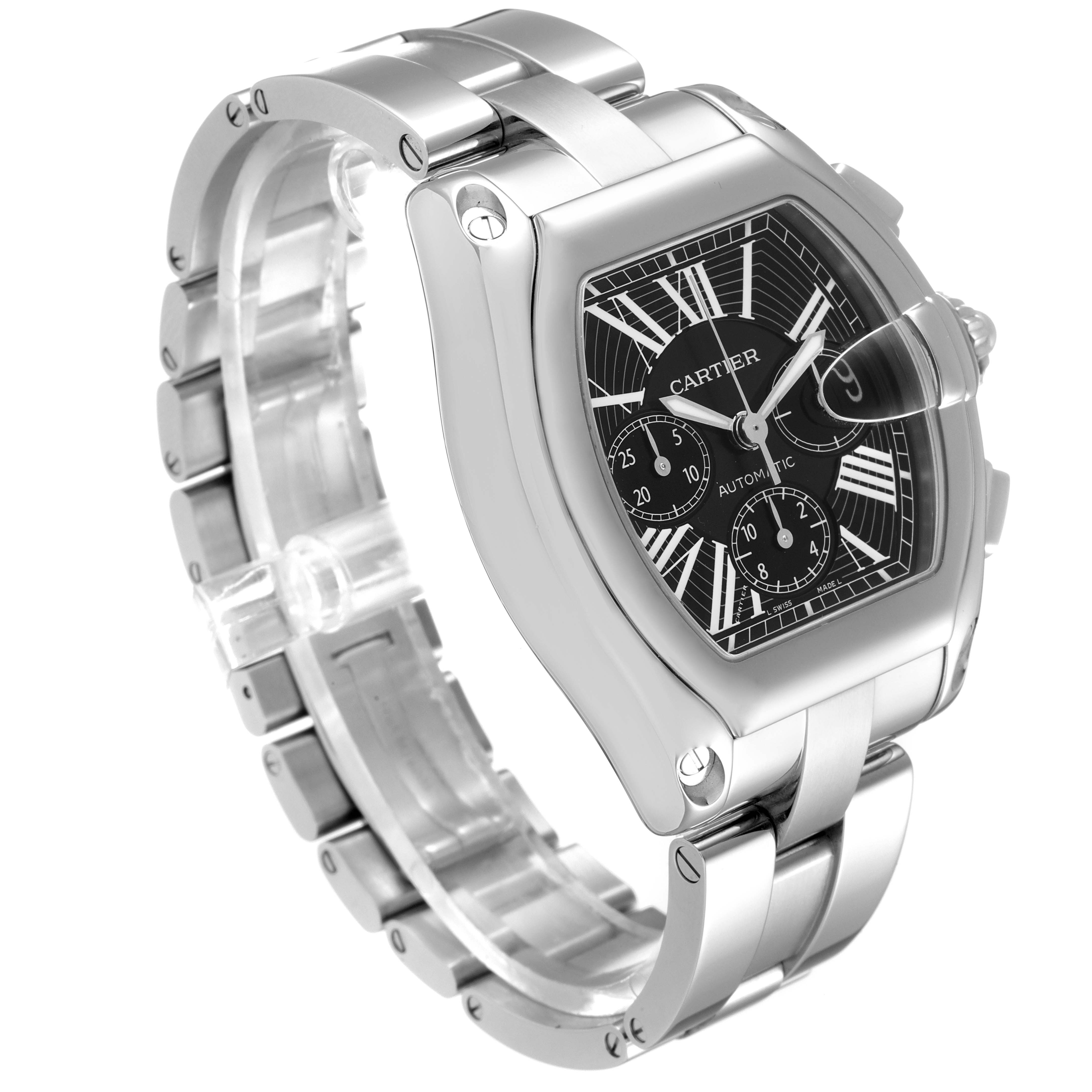The image shows a Cartier Roadster W62020X6 Men
s Stainless Steel Black Dial W62020X6 Men
s Stainless Steel Black Dial watch at a three-quarter angle, highlighting its stainless steel case and bracelet.