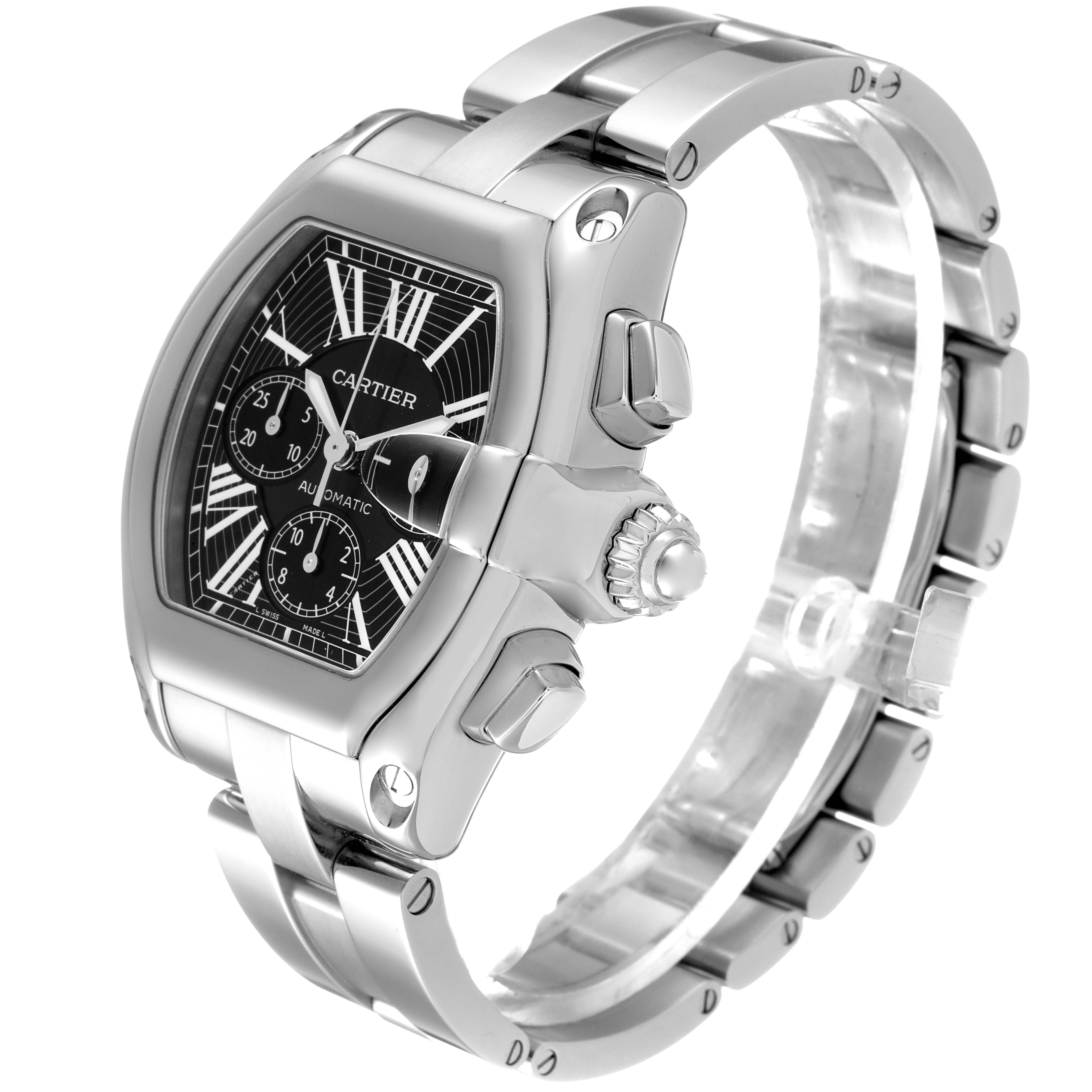 The Cartier Roadster W62020X6 Men
s Stainless Steel Black Dial W62020X6 Men
s Stainless Steel Black Dial watch is shown at an angle highlighting the face, crown, and part of the metal bracelet.