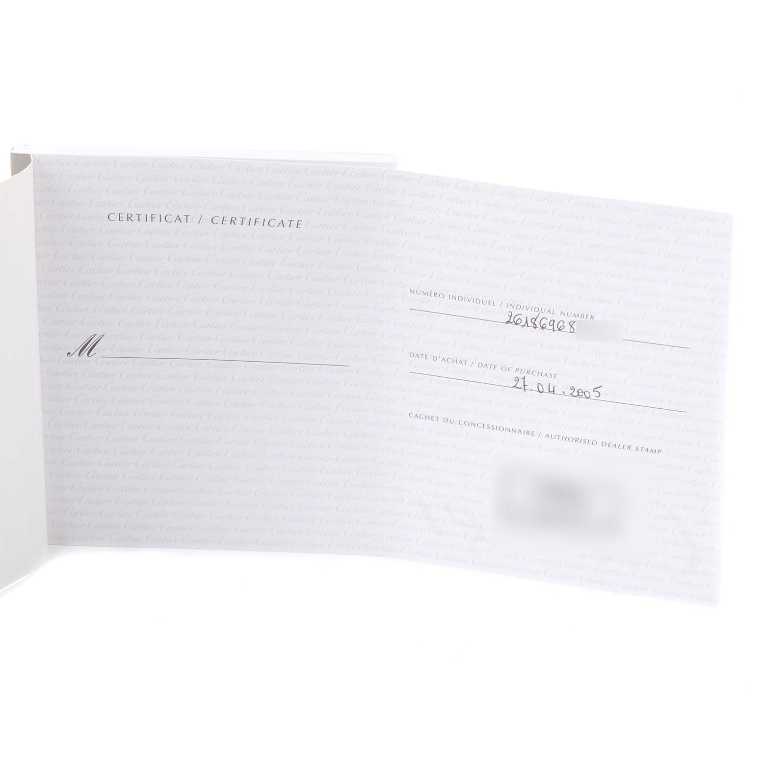 The image shows the warranty certificate of the Cartier Roadster W62020X6 Men
s Stainless Steel Black Dial W62020X6 Men
s Stainless Steel Black Dial watch, displaying information like individual number and purchase date.