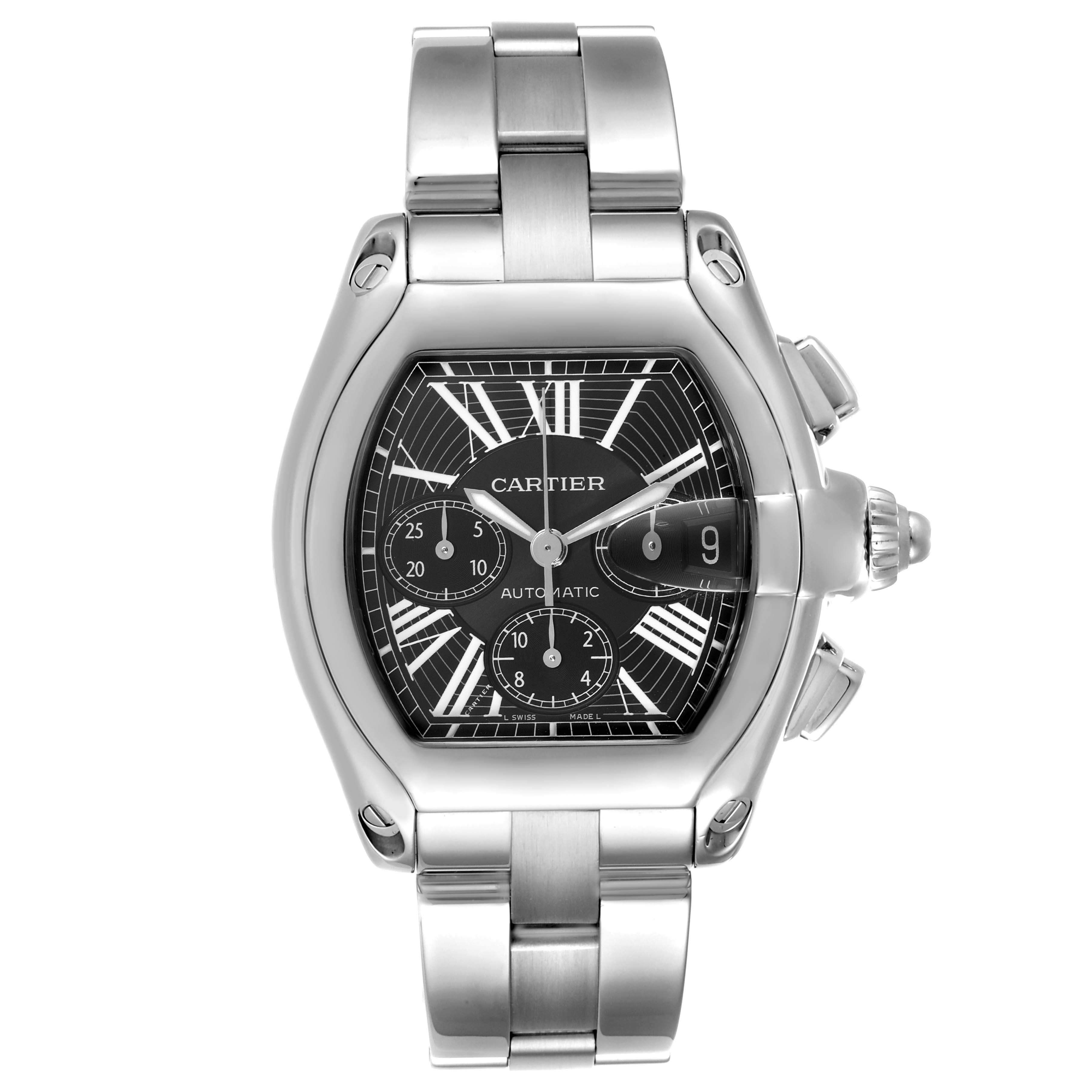 The image shows a front view of the Cartier Roadster W62020X6 Men
s Stainless Steel Black Dial W62020X6 Men
s Stainless Steel Black Dial watch, displaying the dial, bracelet, and side crown details.